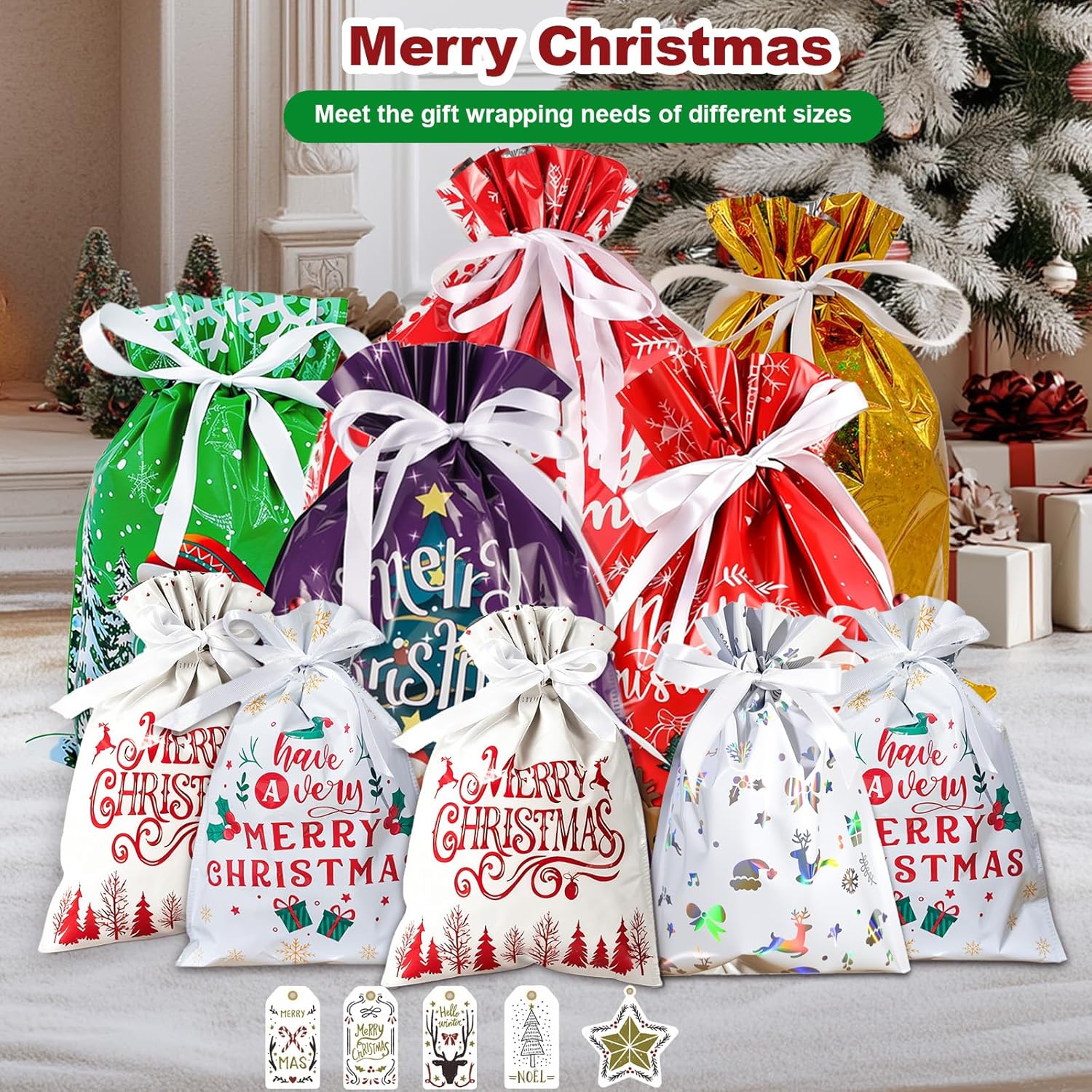 33PCS Christmas Drawstring Gift Bags with Tags