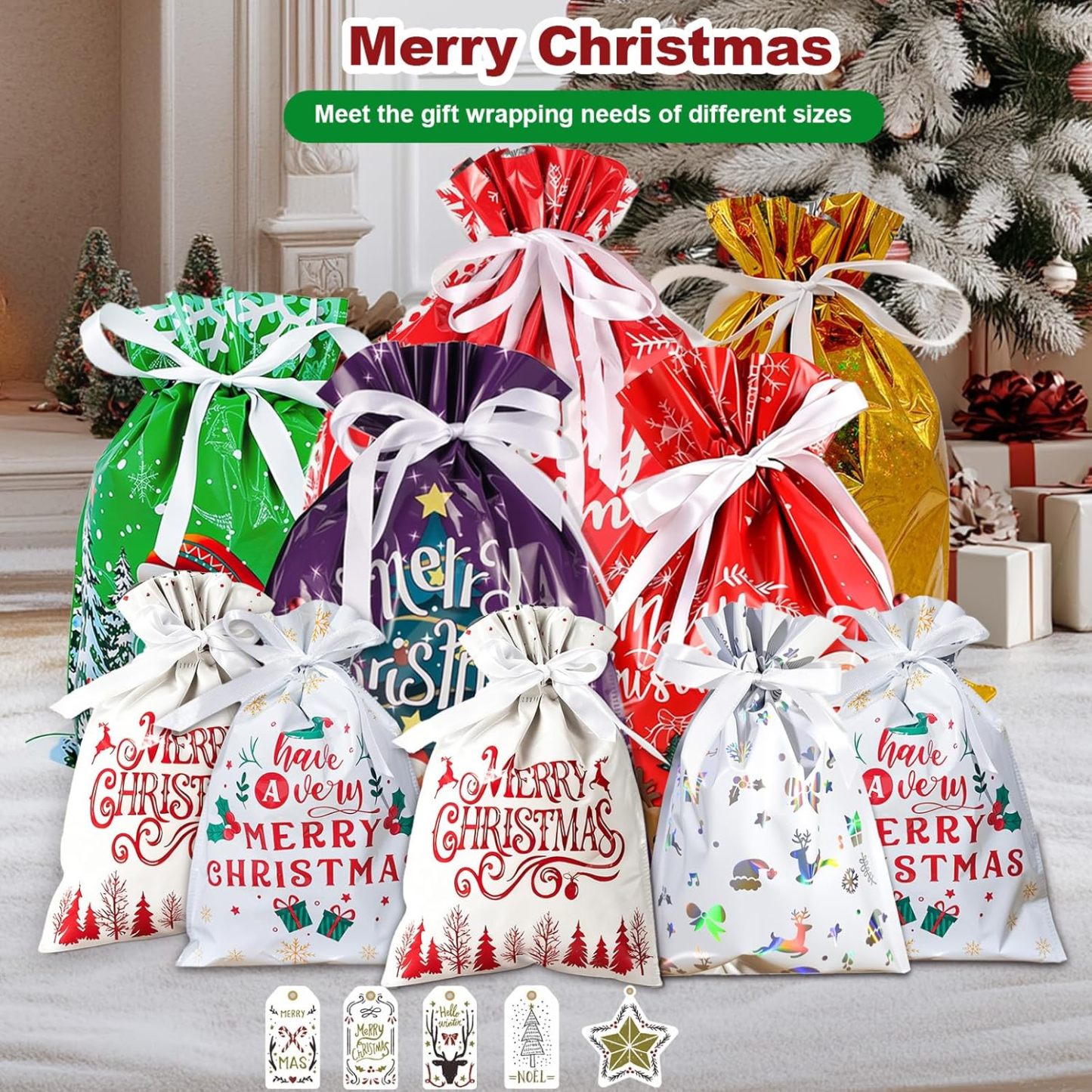 33PCS Christmas Drawstring Gift Bags with Tags