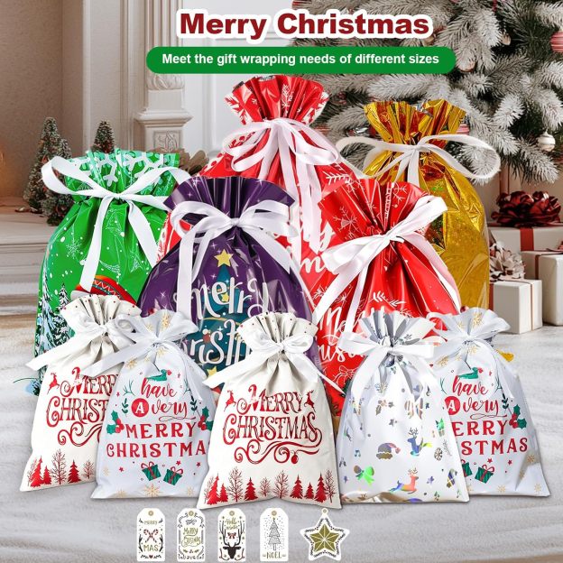 33PCS Christmas Drawstring Gift Bags with Tags