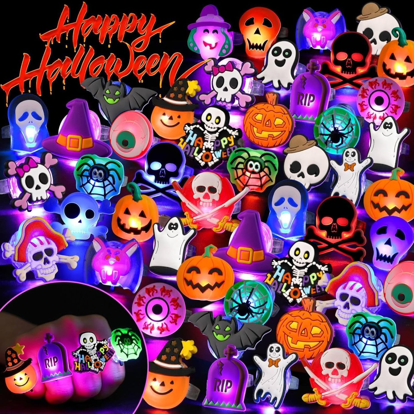  Halloween Treats LED Light Up Rings Flash