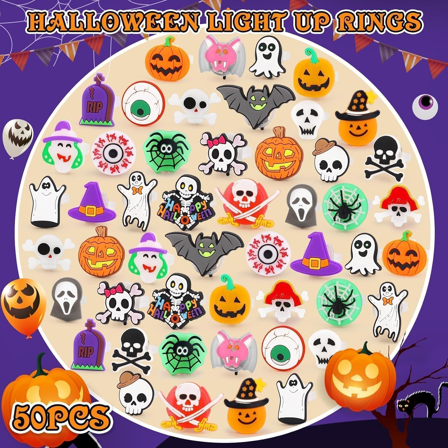  Halloween Treats LED Light Up Rings Flash
