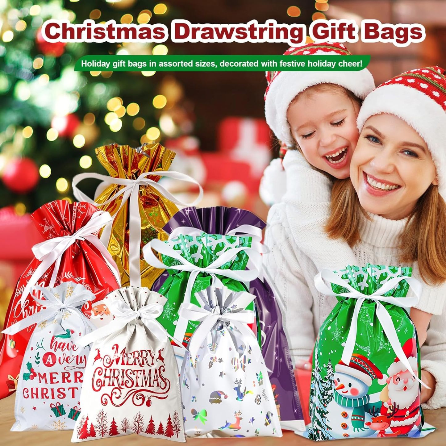 33PCS Christmas Drawstring Gift Bags with Tags