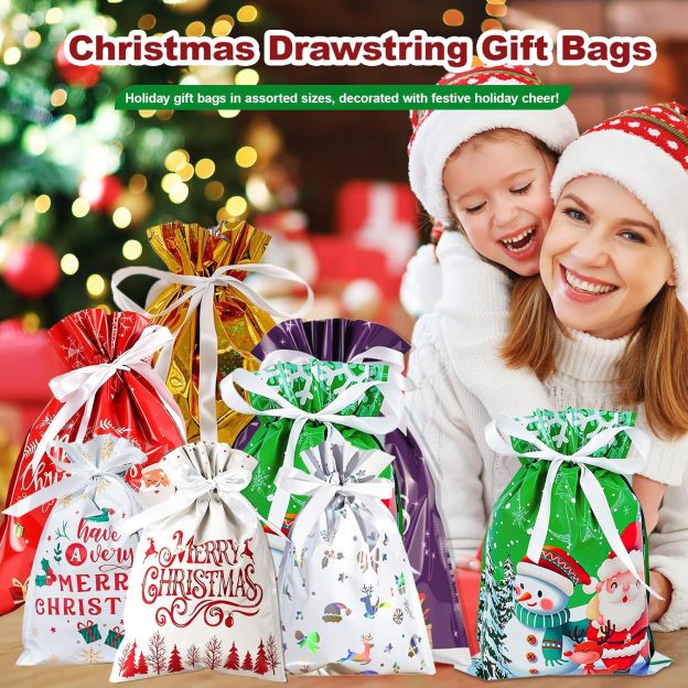 33PCS Christmas Drawstring Gift Bags with Tags
