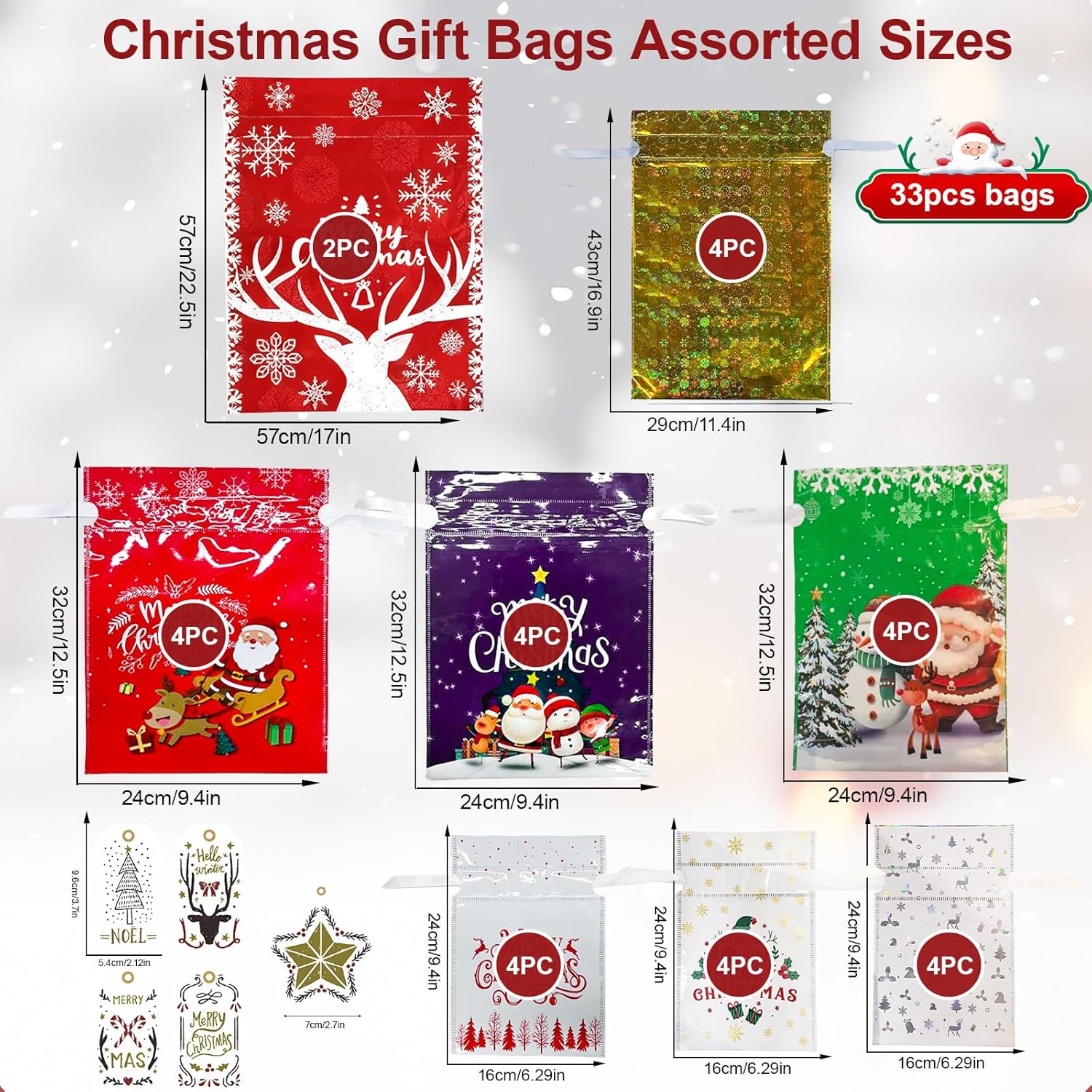 33PCS Christmas Drawstring Gift Bags with Tags