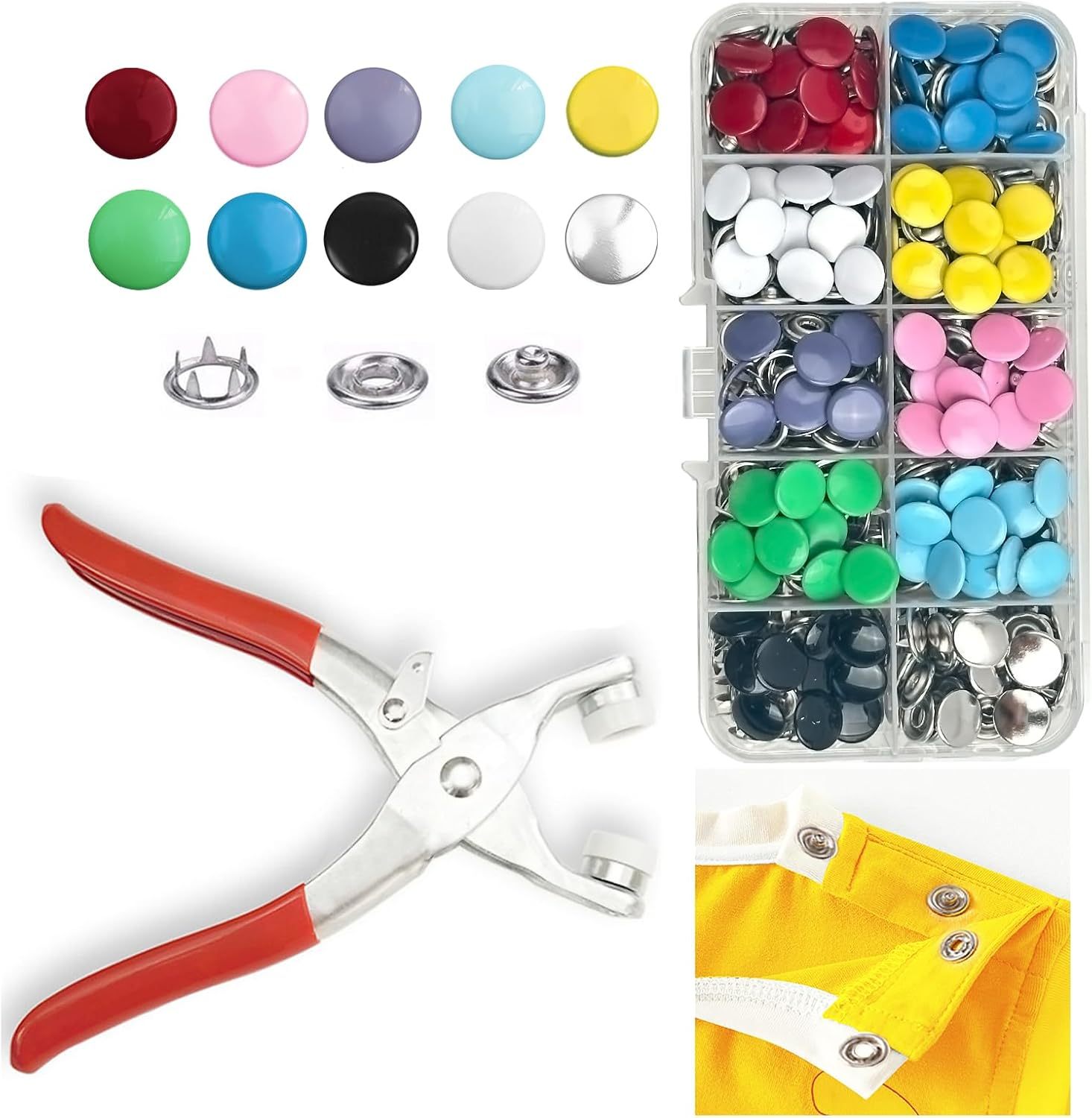 100 Sets Metal Snaps Buttons with Fastener Pliers Press Tool Kit 