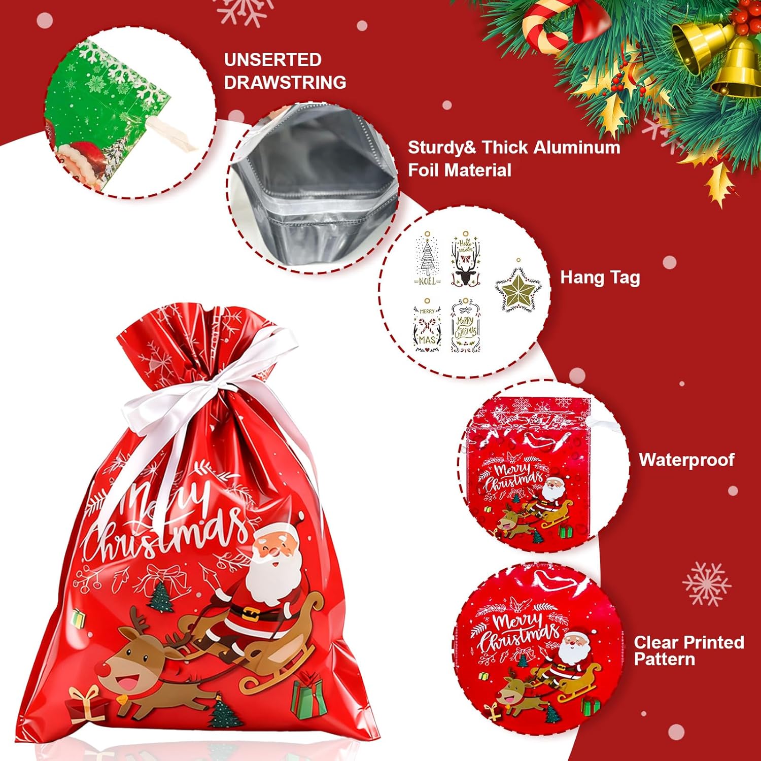 33PCS Christmas Drawstring Gift Bags with Tags