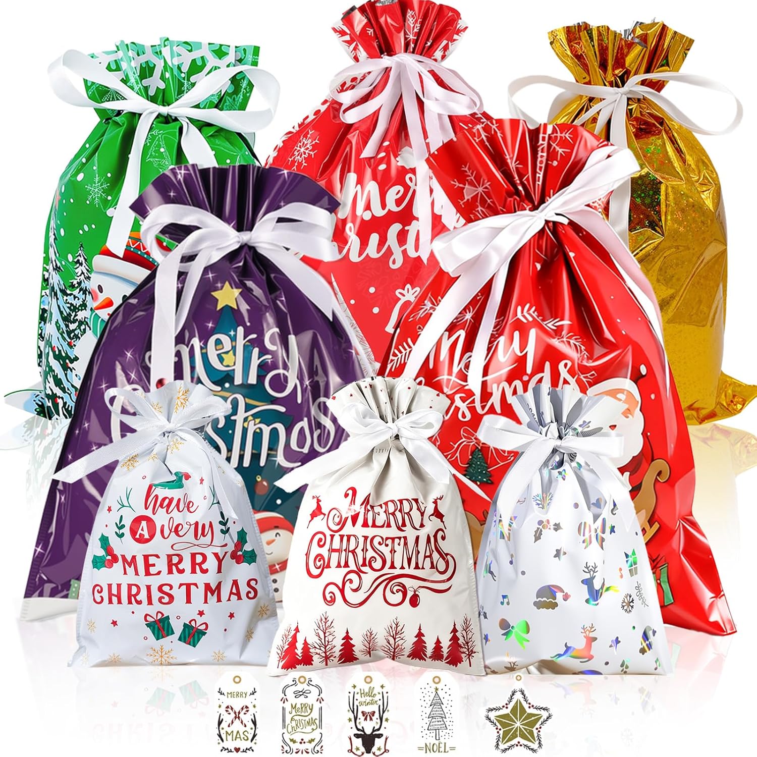 33PCS Christmas Drawstring Gift Bags with Tags