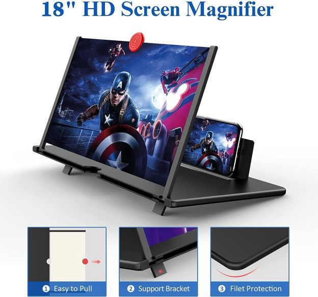 18" Screen Magnifier for Cell Phone – 3D HD Magnifing Screen Enlarger Projector for Movies Videos and Gaming – Foldable Mobile Phone Stand Holder with Screen Amplifier (Red-18‘’)