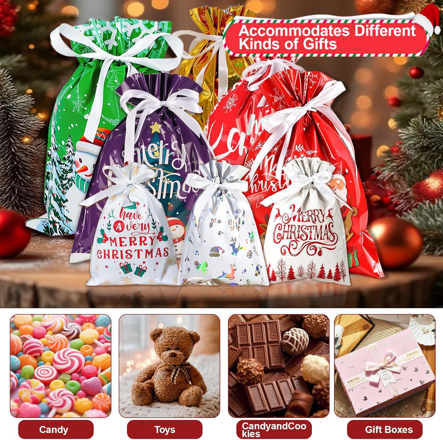 33PCS Christmas Drawstring Gift Bags with Tags