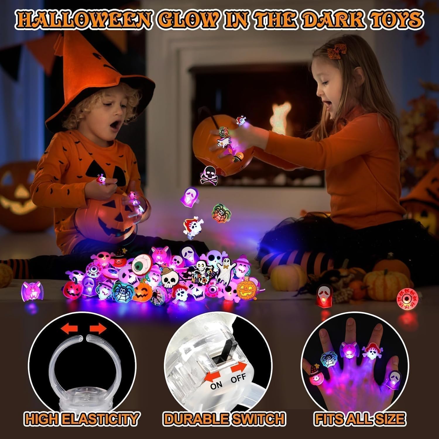  Halloween Treats LED Light Up Rings Flash
