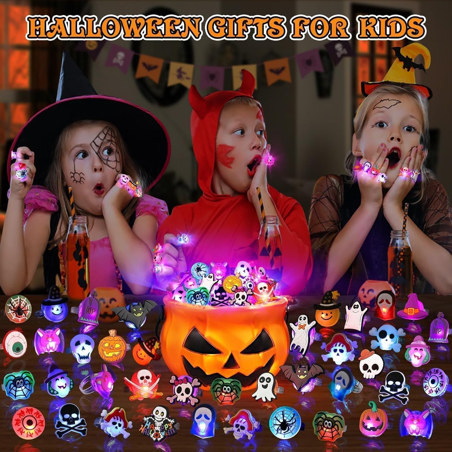 Halloween Treats LED Light Up Rings Flash