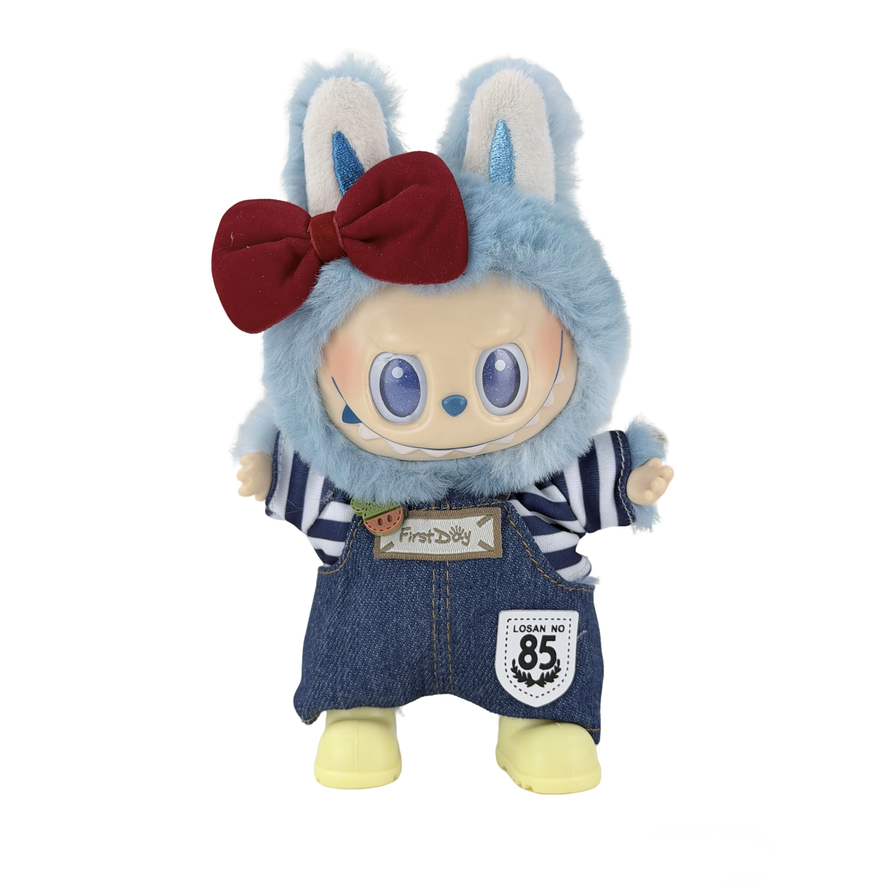 red bow, blue and white shirt and jeans suit