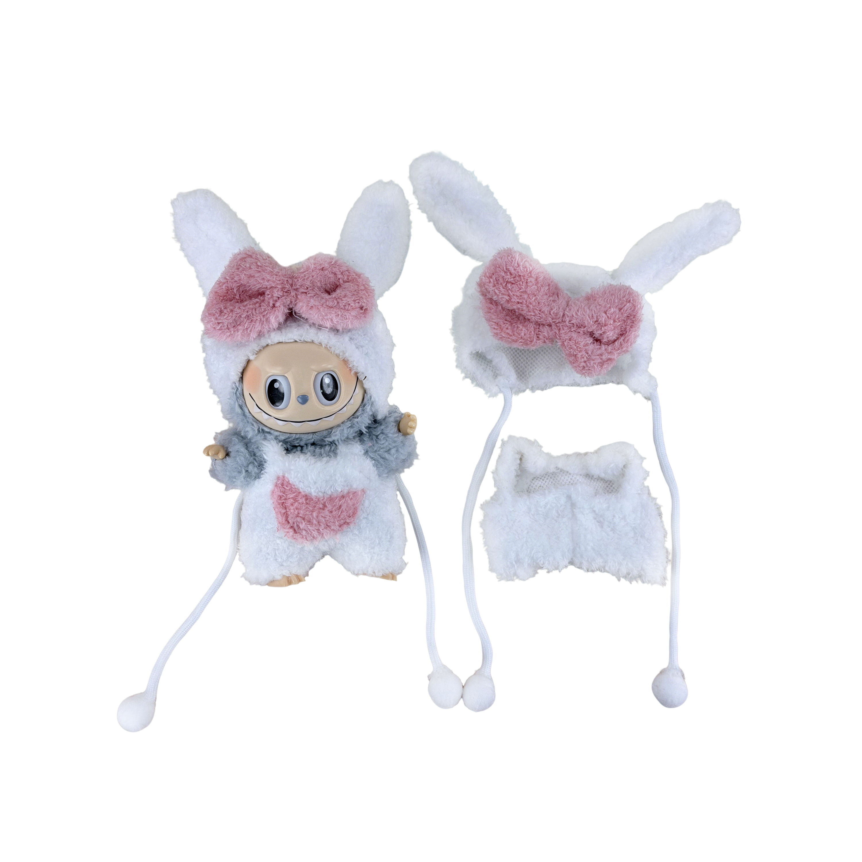 pink and white rabbit-shaped plush suit