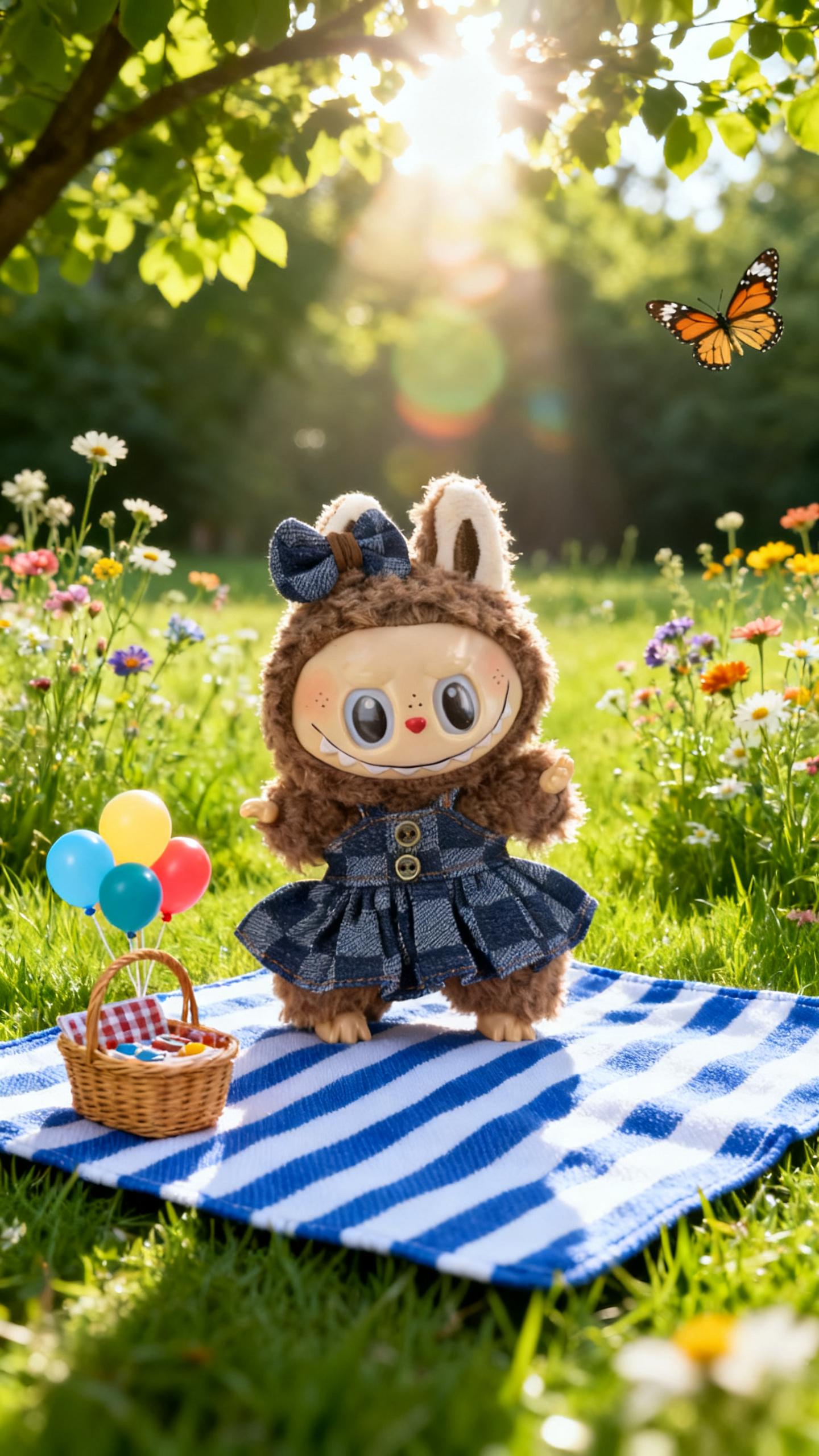 Deep blue and light blue checkered denim dress in a big brand style