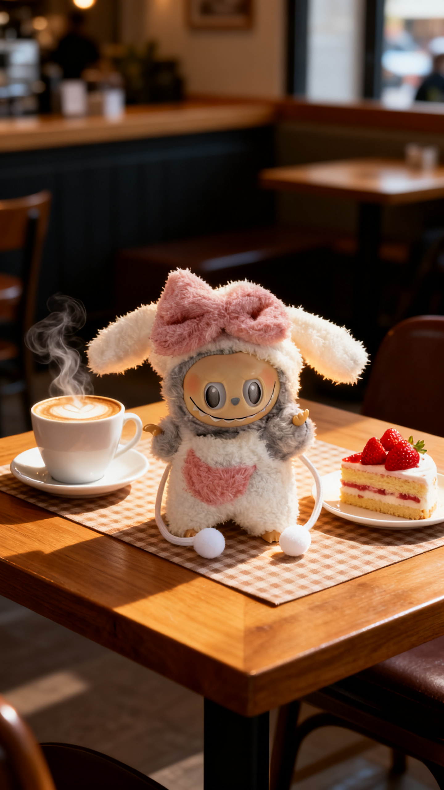 pink and white rabbit-shaped plush suit