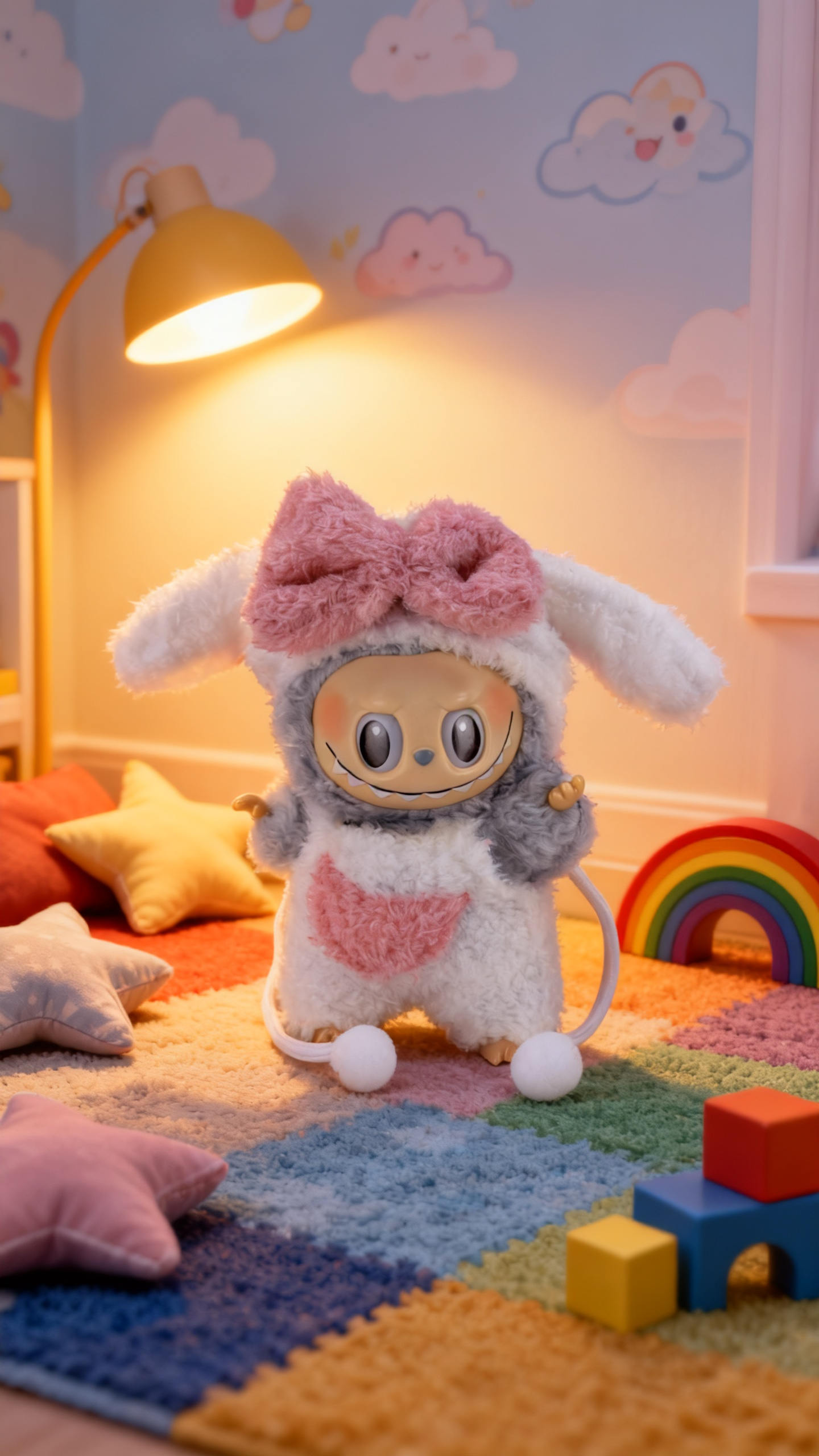 pink and white rabbit-shaped plush suit
