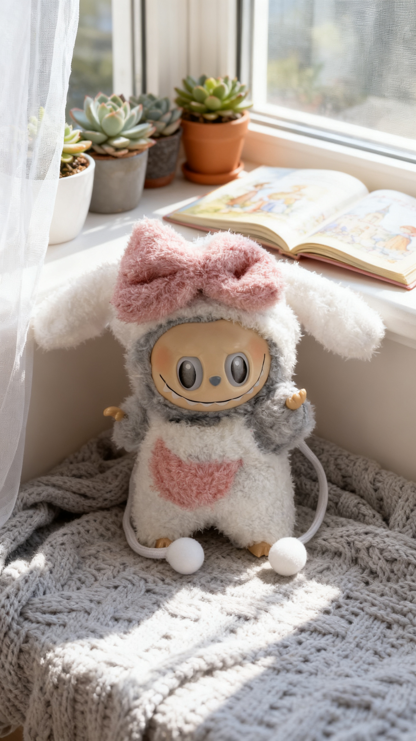 pink and white rabbit-shaped plush suit
