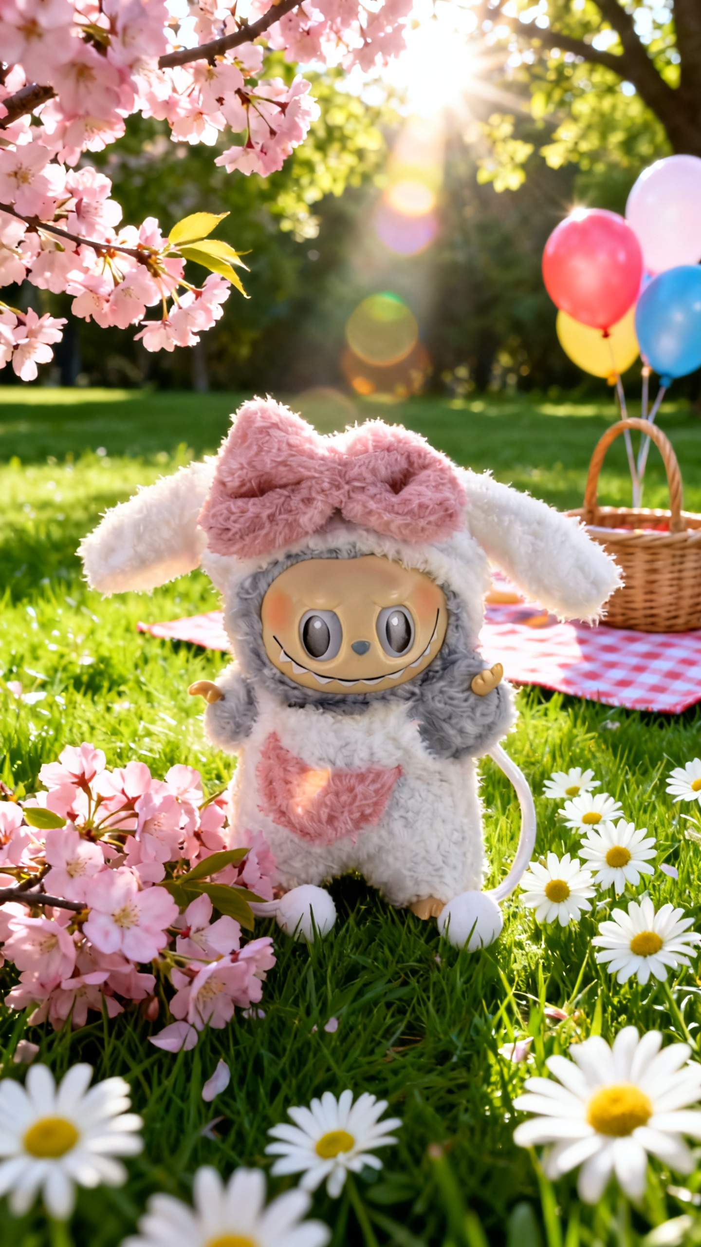 pink and white rabbit-shaped plush suit