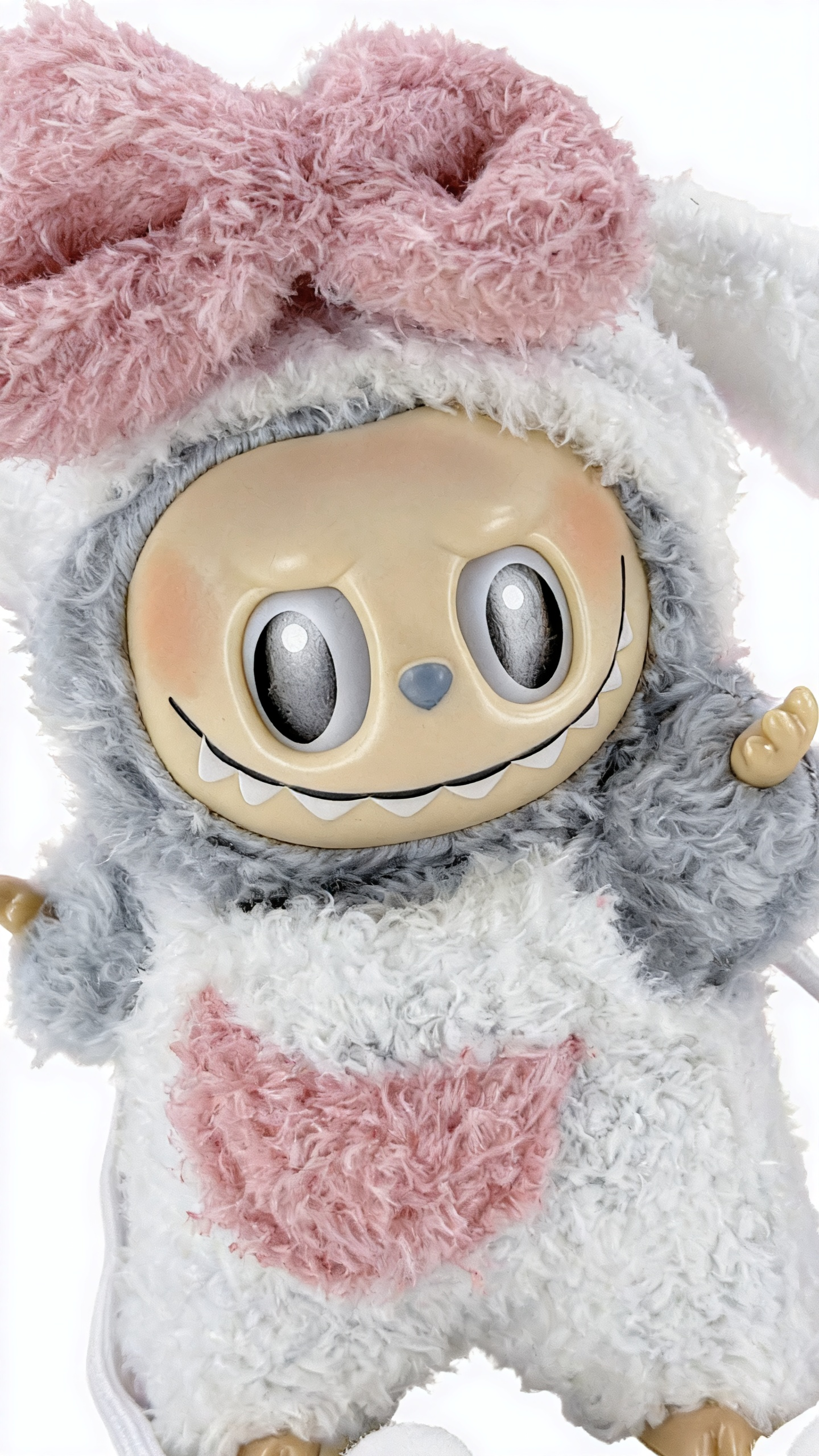 pink and white rabbit-shaped plush suit