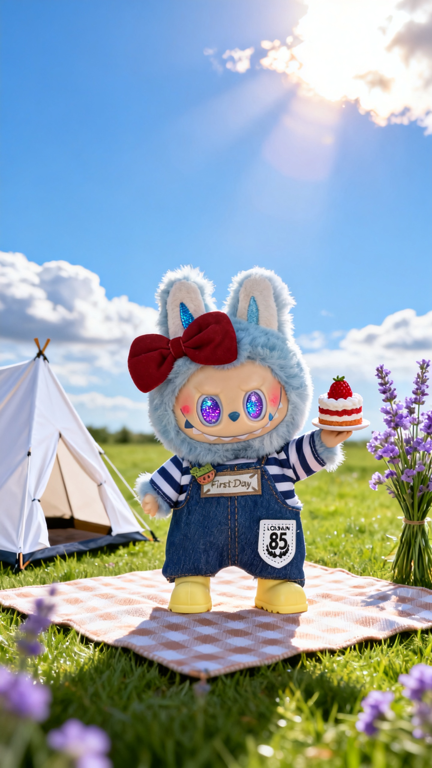 red bow, blue and white shirt and jeans suit