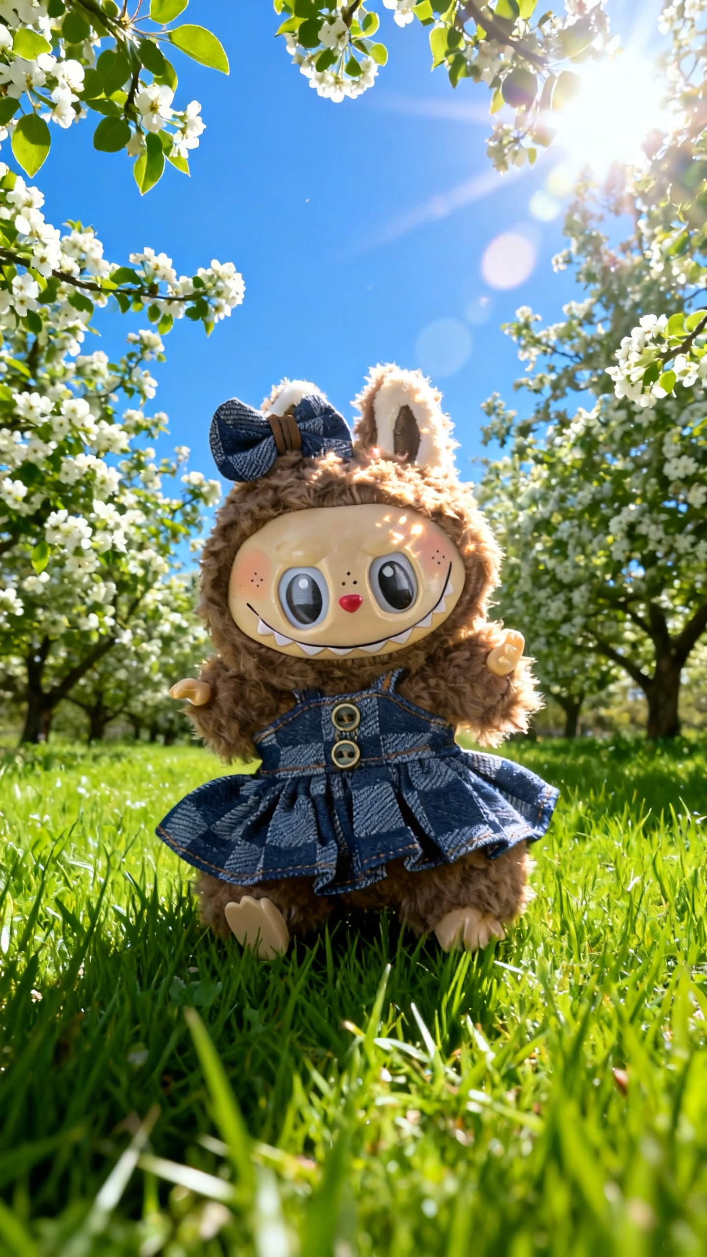 Deep blue and light blue checkered denim dress in a big brand style