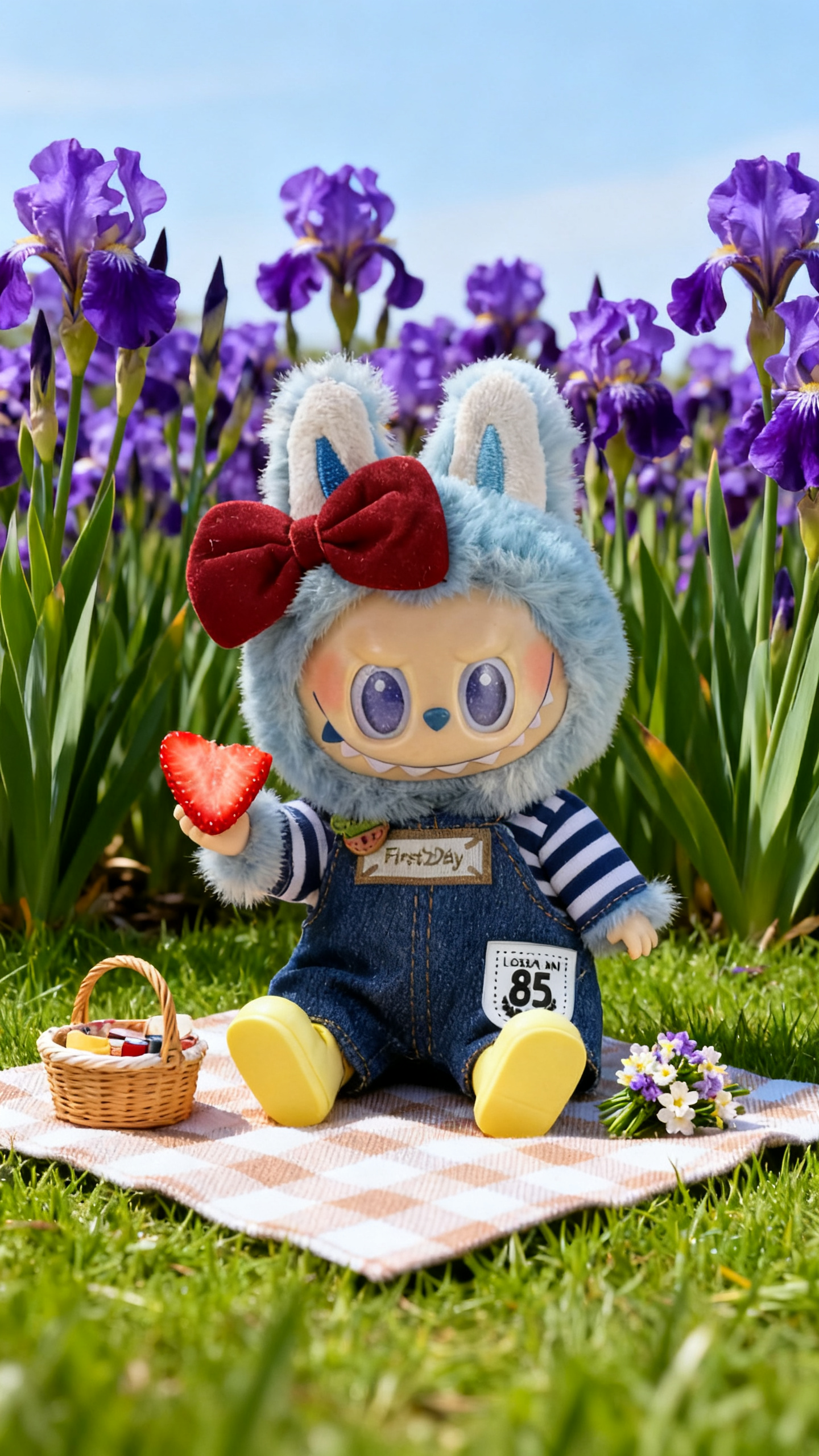 red bow, blue and white shirt and jeans suit