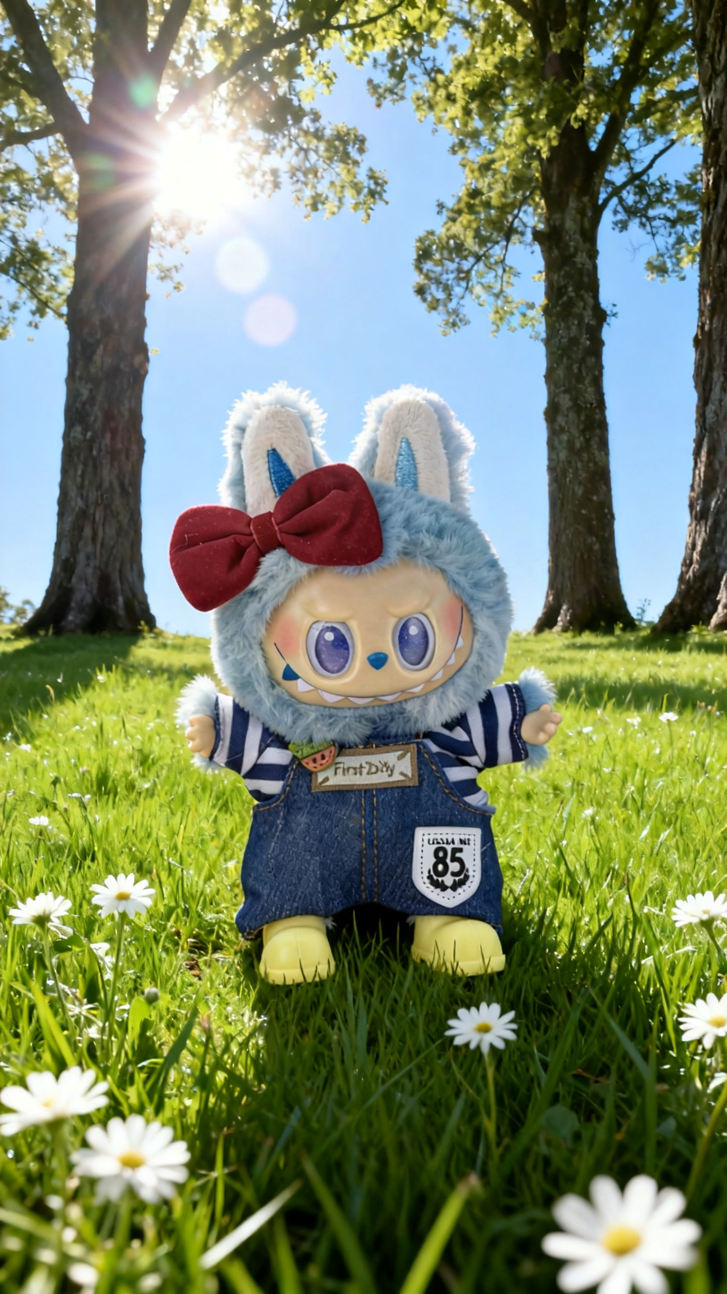 red bow, blue and white shirt and jeans suit