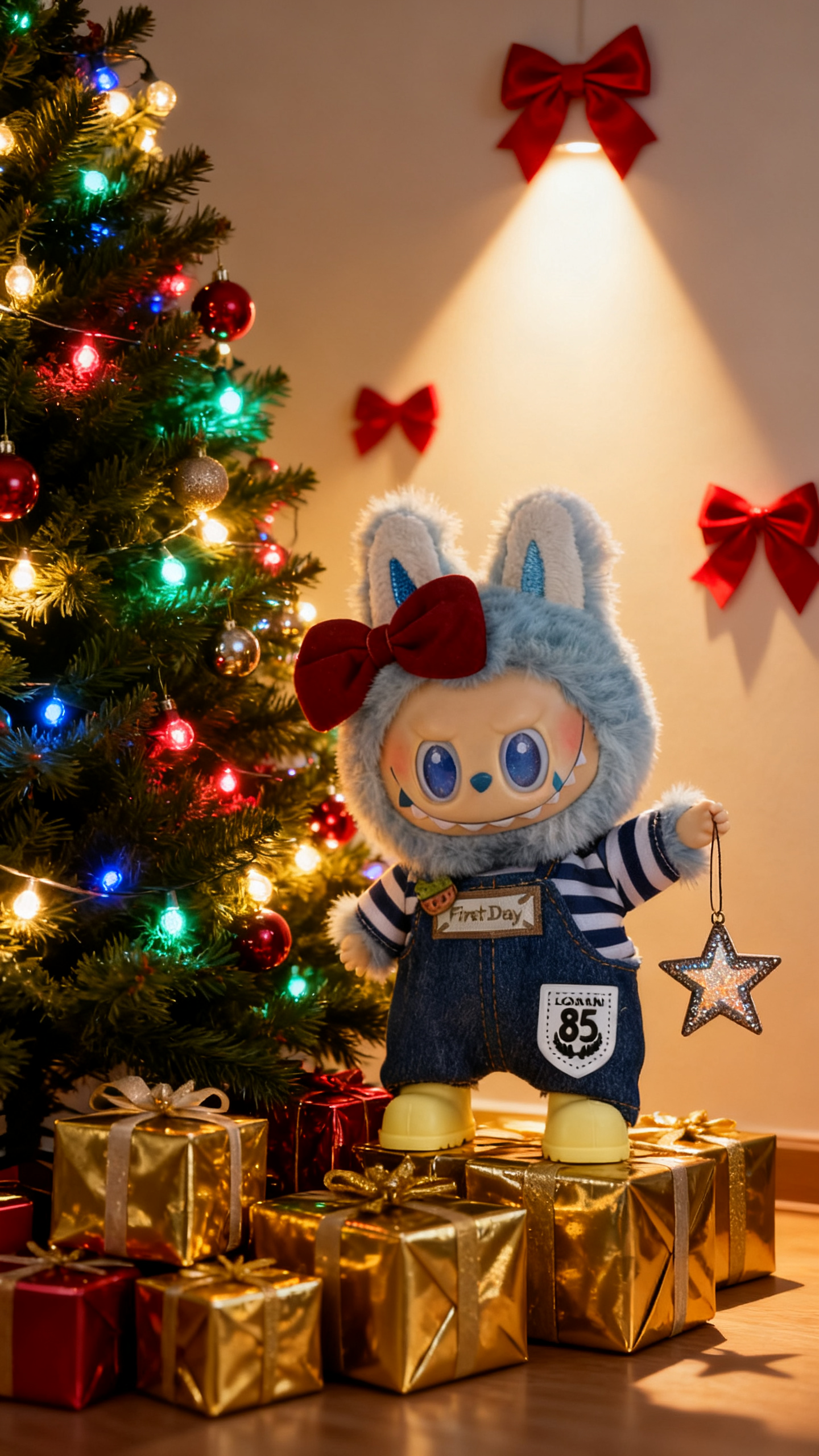 red bow, blue and white shirt and jeans suit