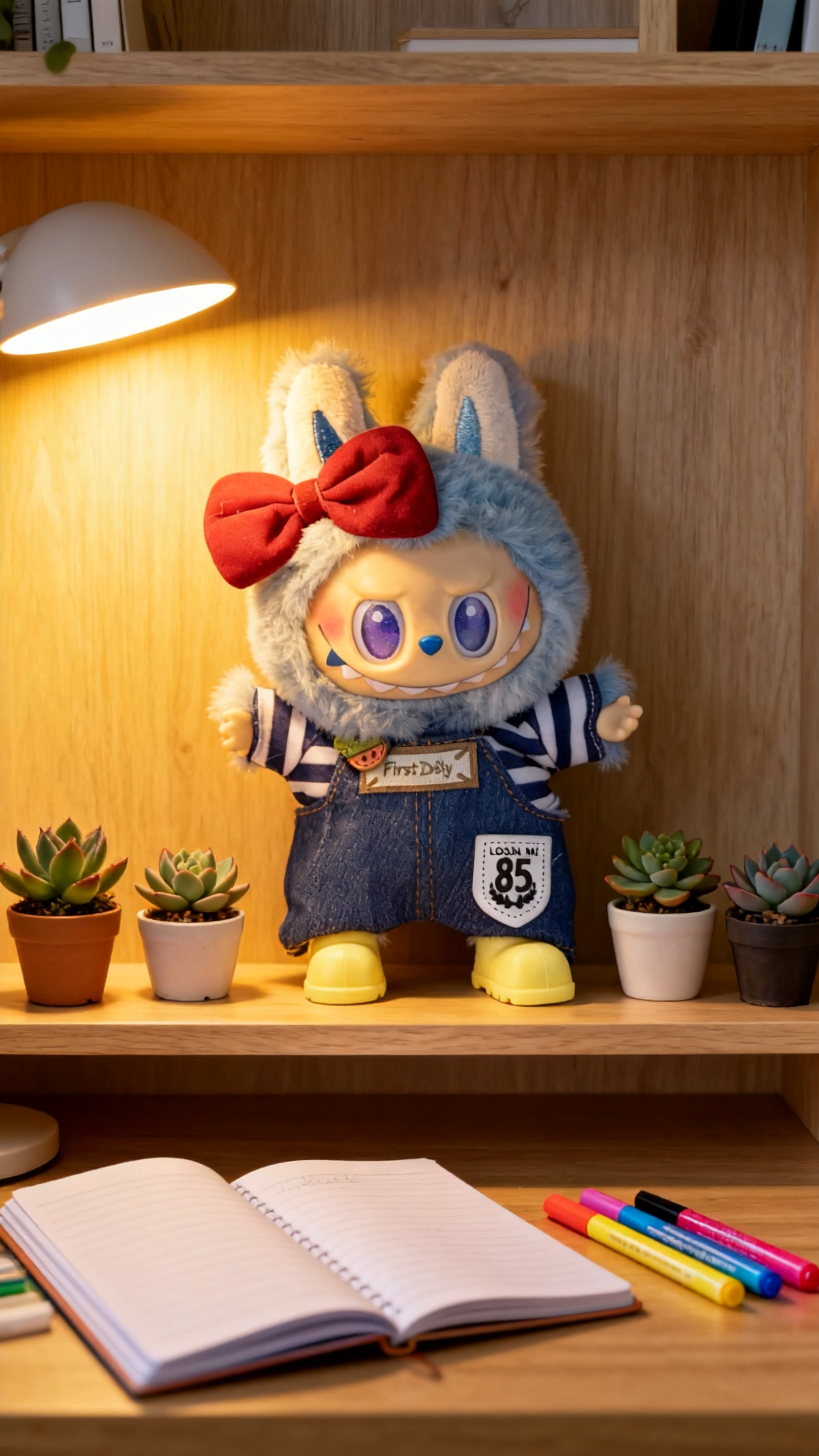 red bow, blue and white shirt and jeans suit