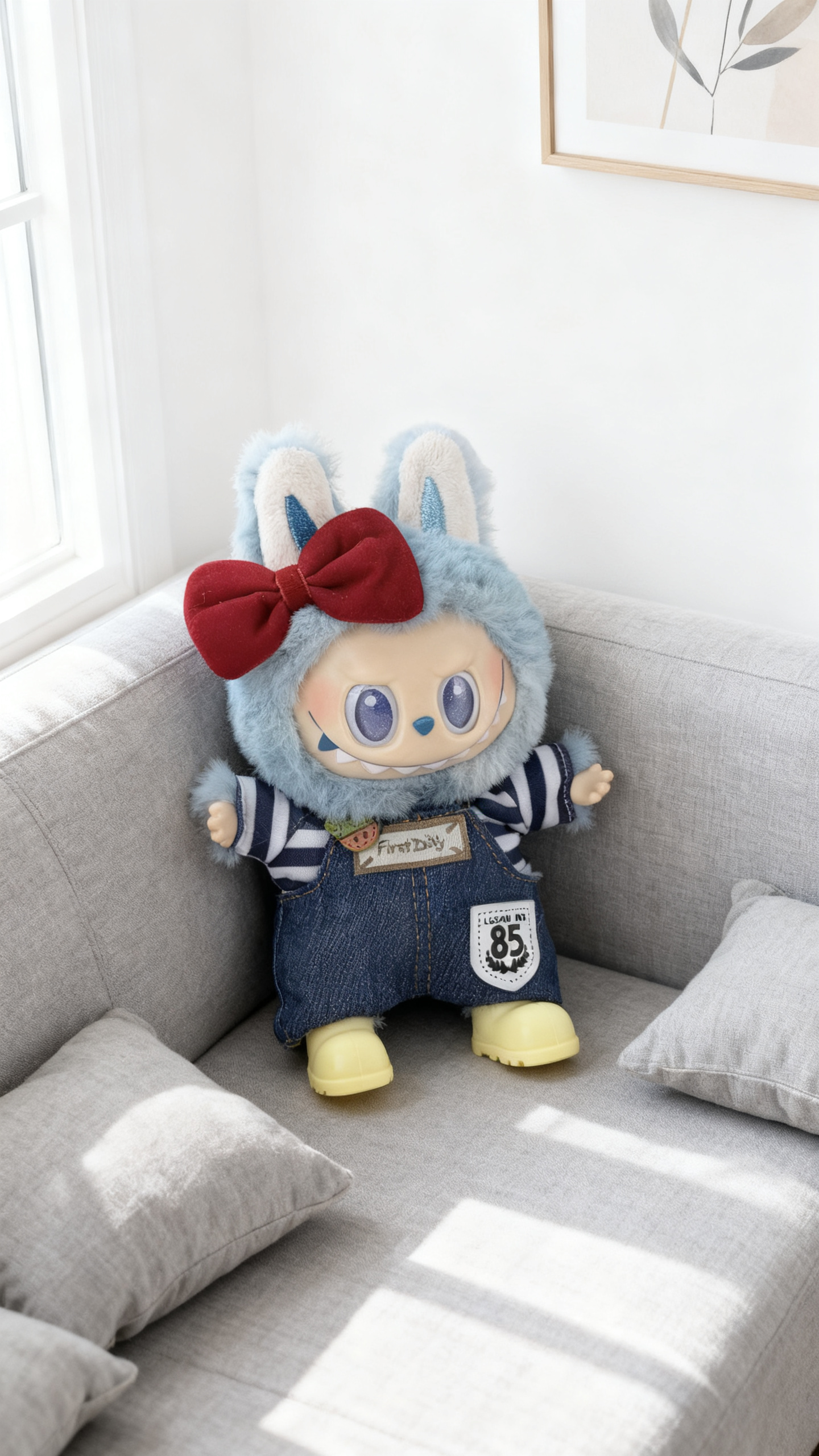 red bow, blue and white shirt and jeans suit