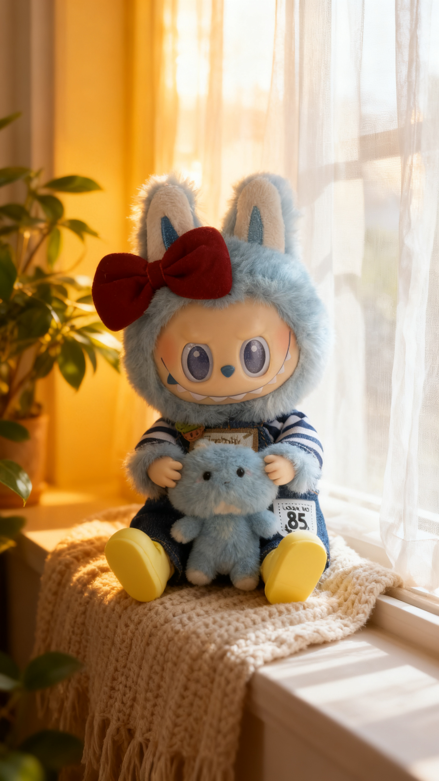 red bow, blue and white shirt and jeans suit