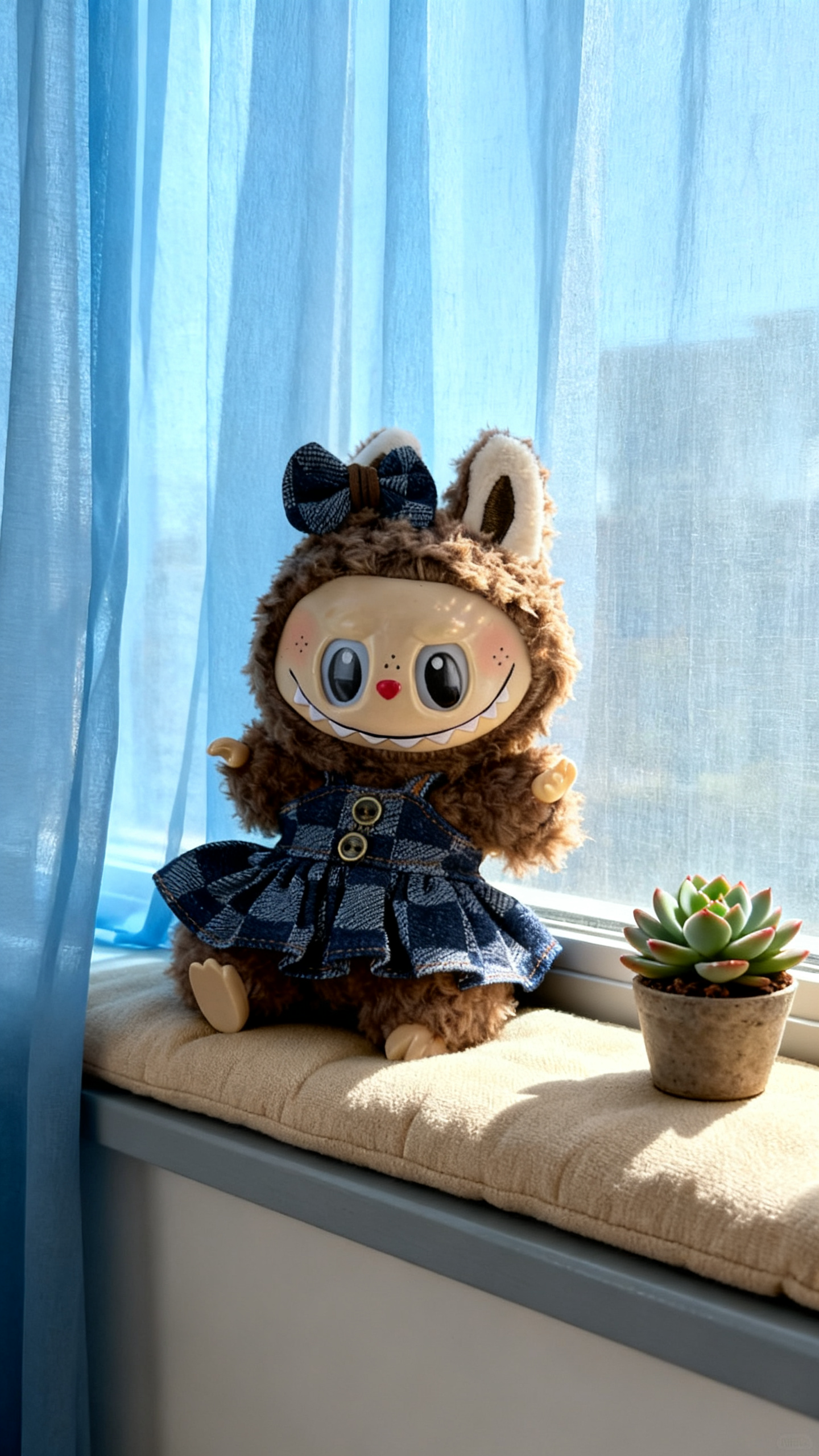 Deep blue and light blue checkered denim dress in a big brand style