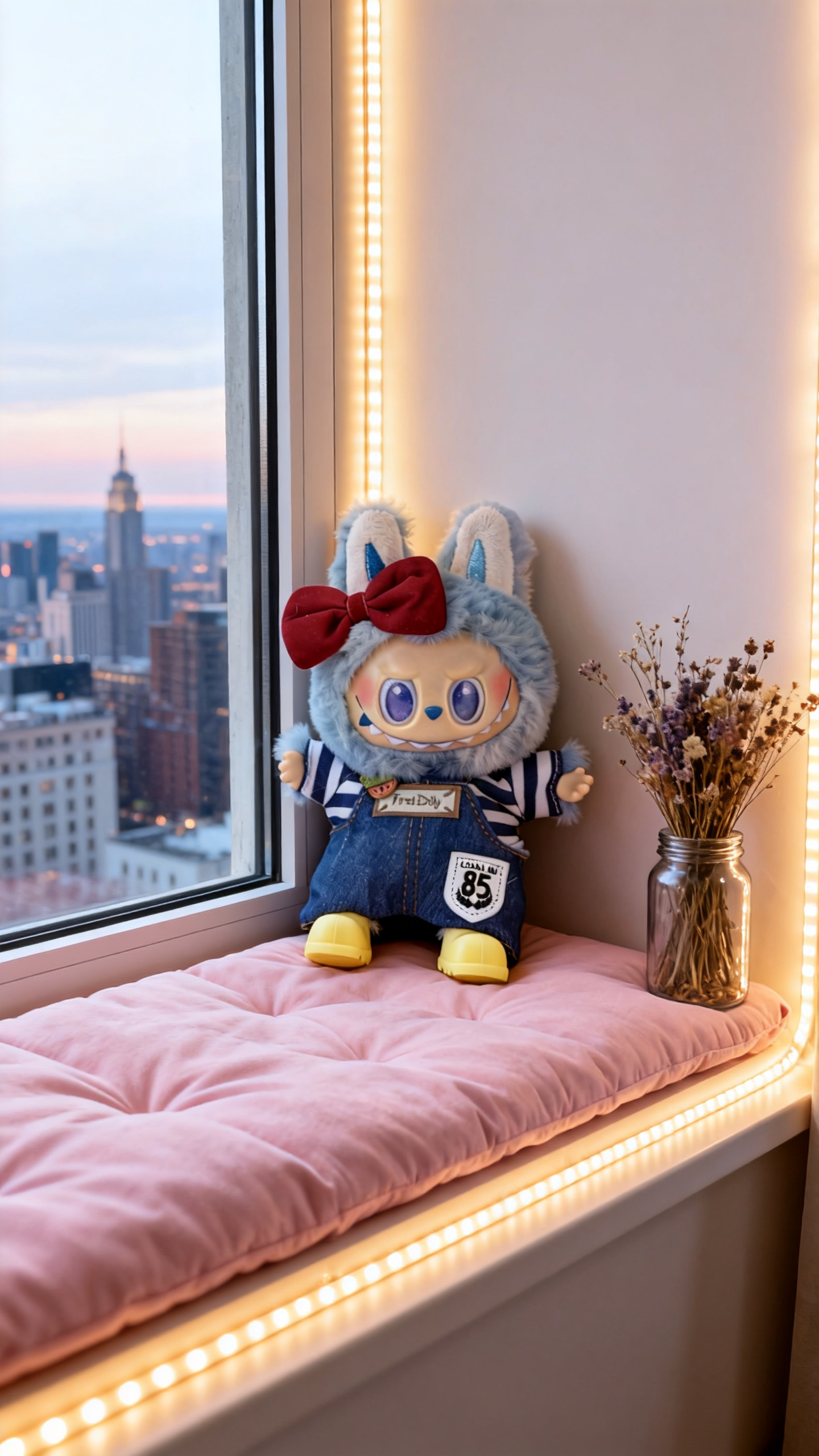 red bow, blue and white shirt and jeans suit