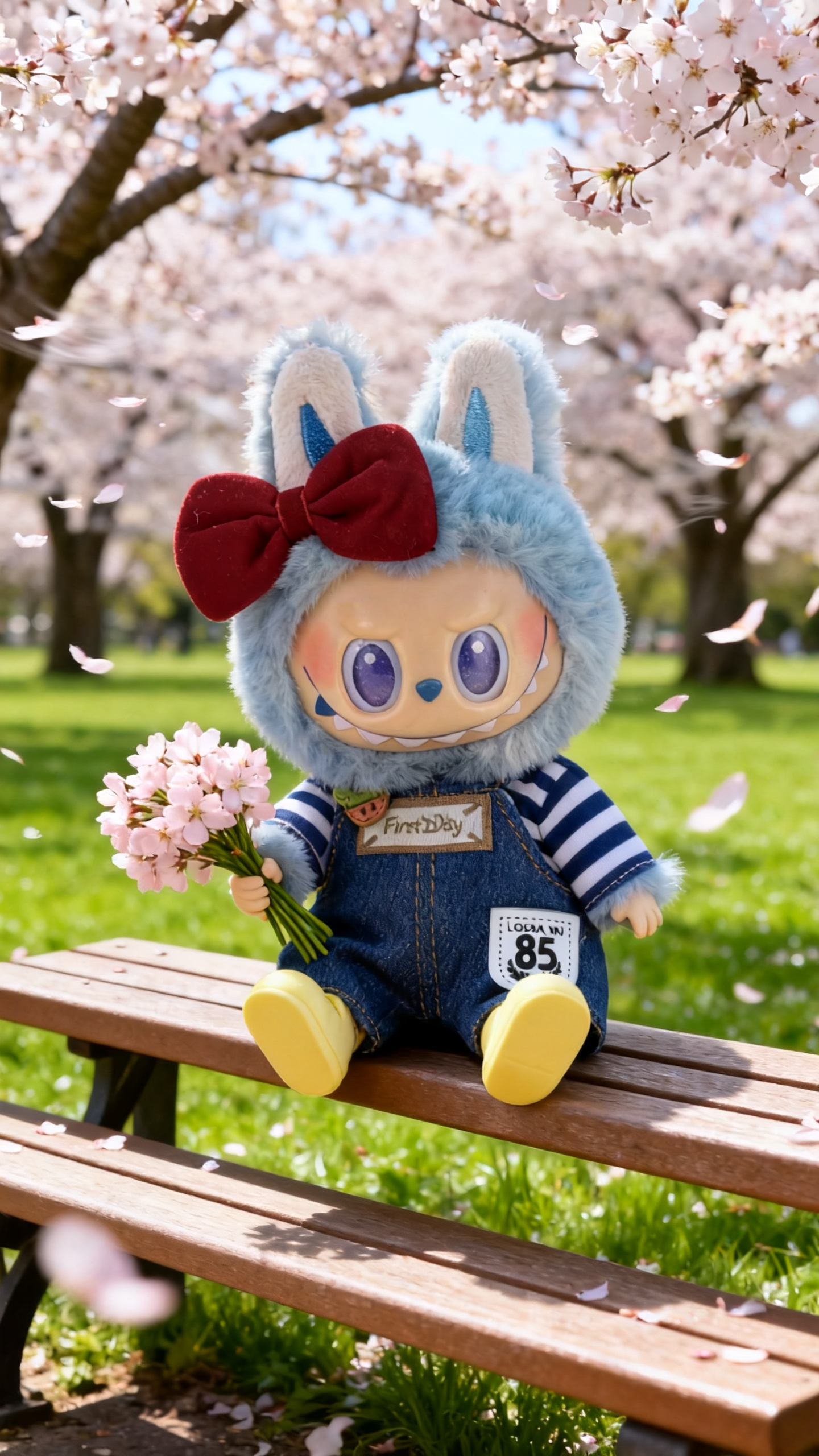 red bow, blue and white shirt and jeans suit