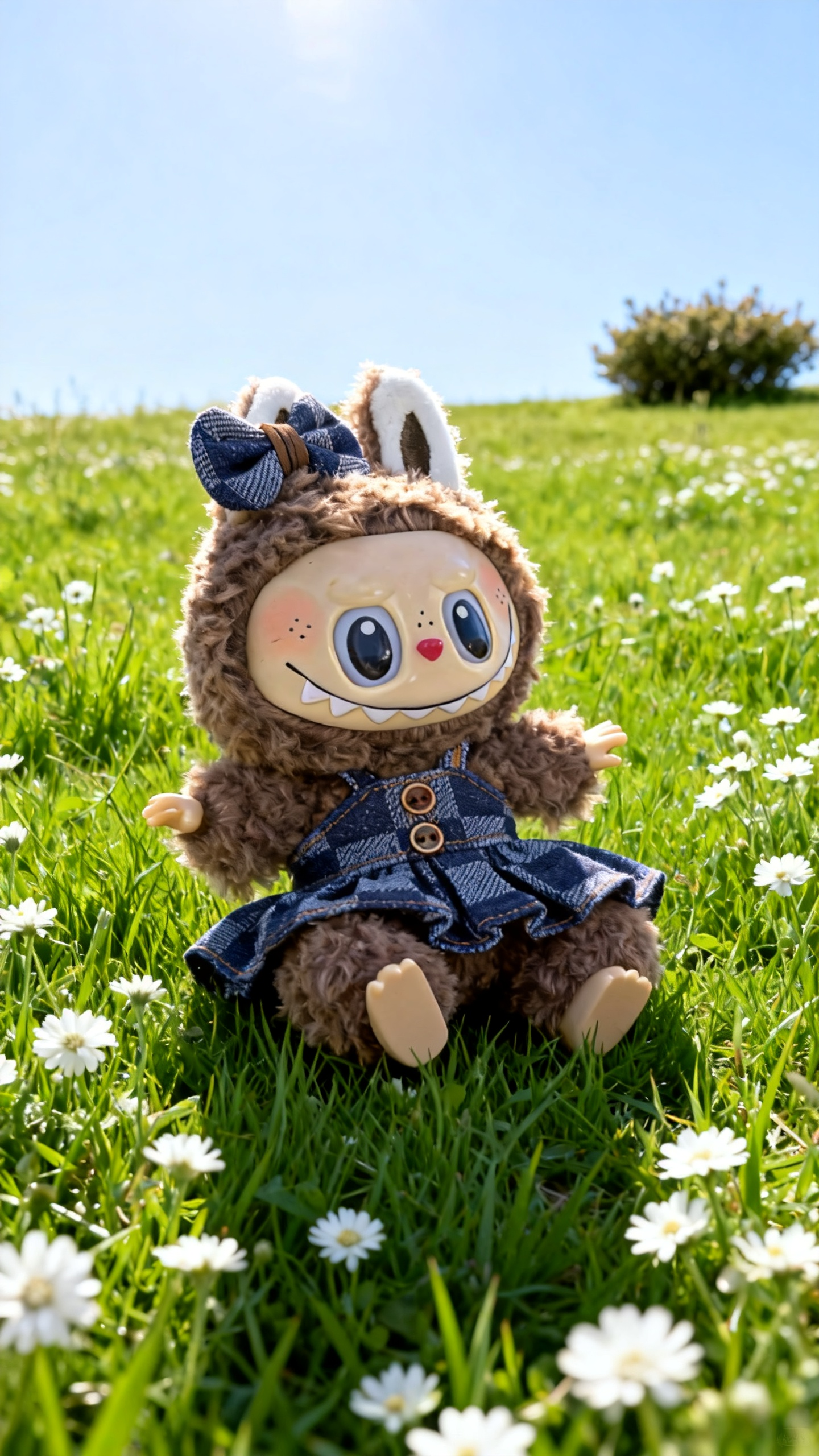 Deep blue and light blue checkered denim dress in a big brand style