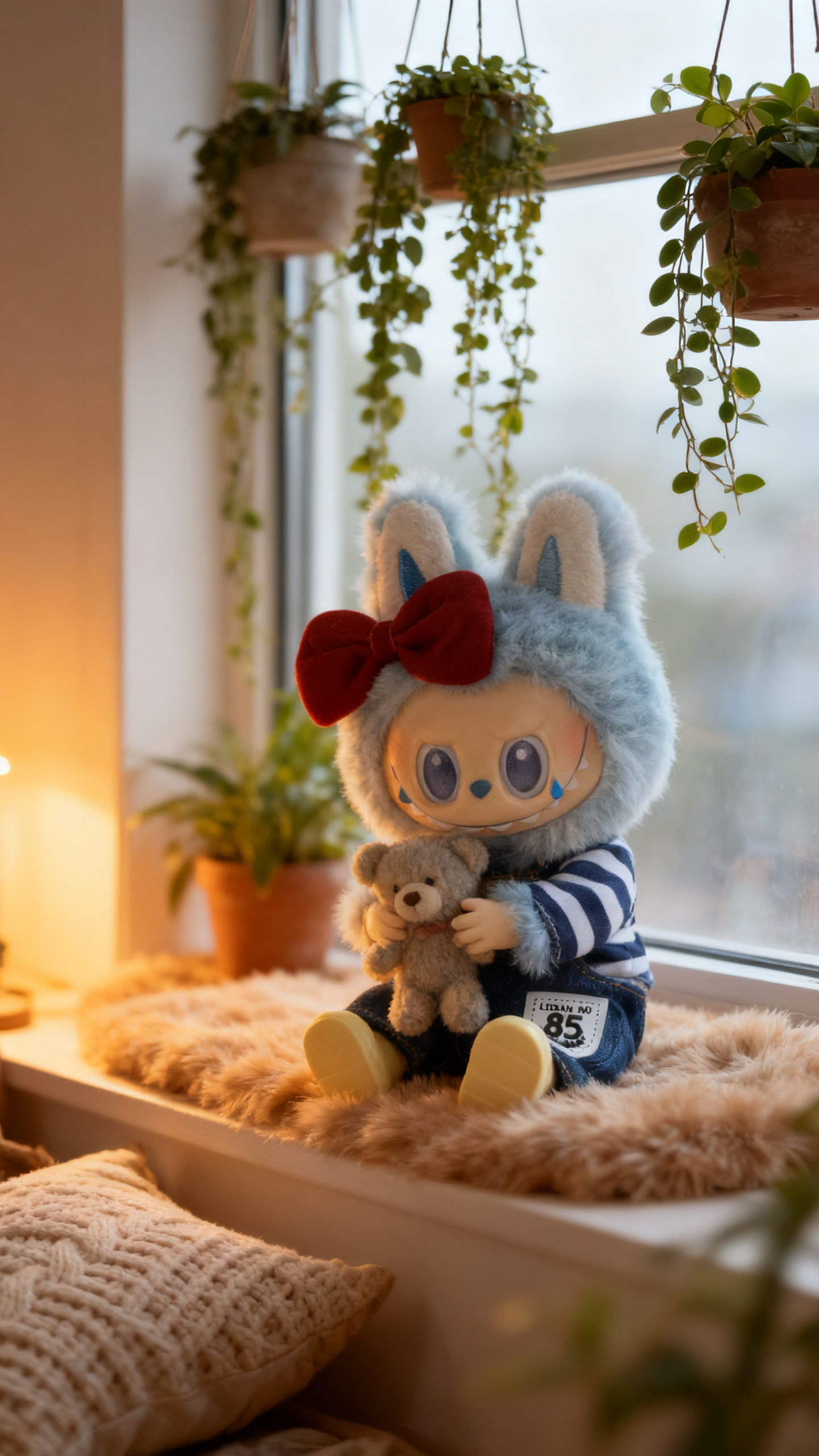 red bow, blue and white shirt and jeans suit