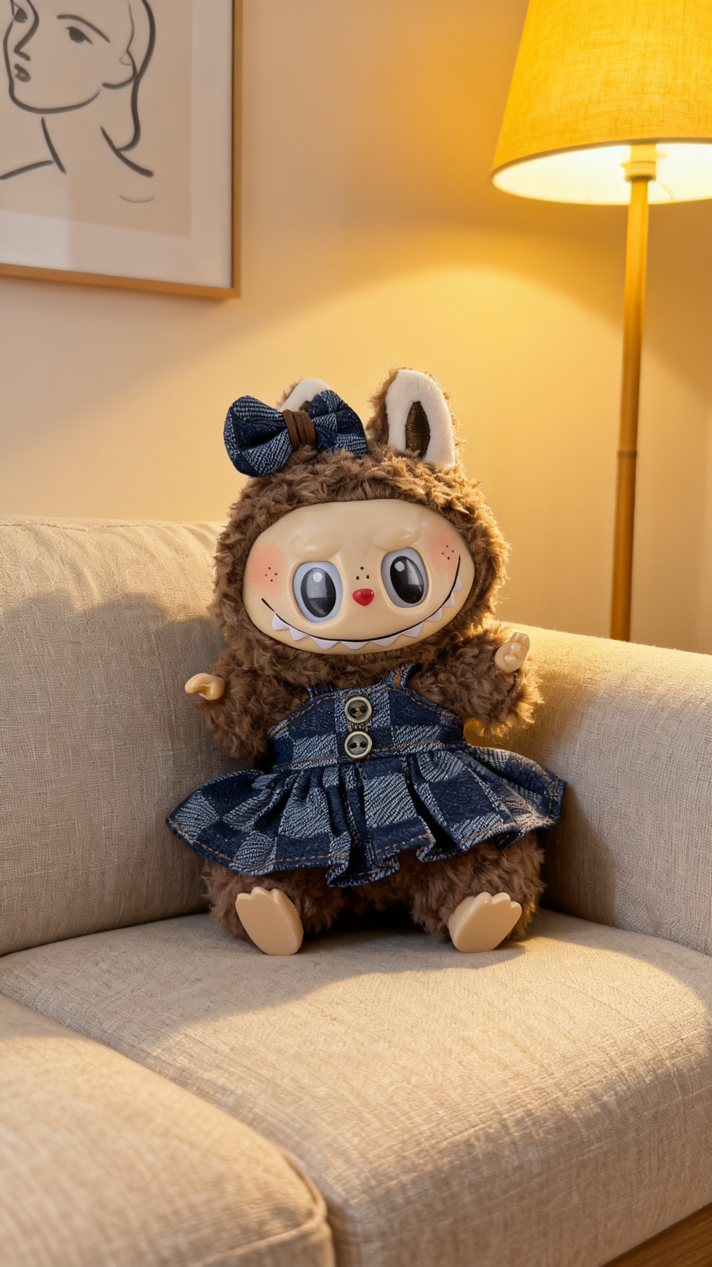 Deep blue and light blue checkered denim dress in a big brand style