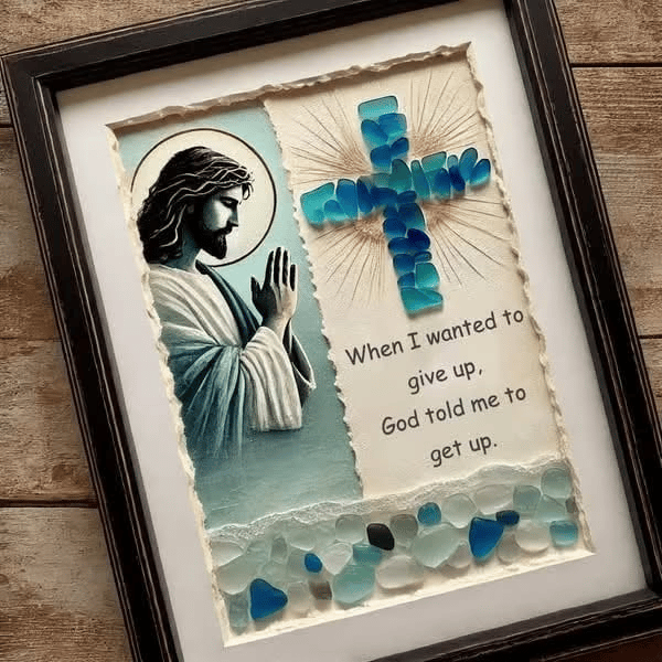 ✝️"God is with you Always" Handmade Sea Glass Jesus Cross Wall Art
