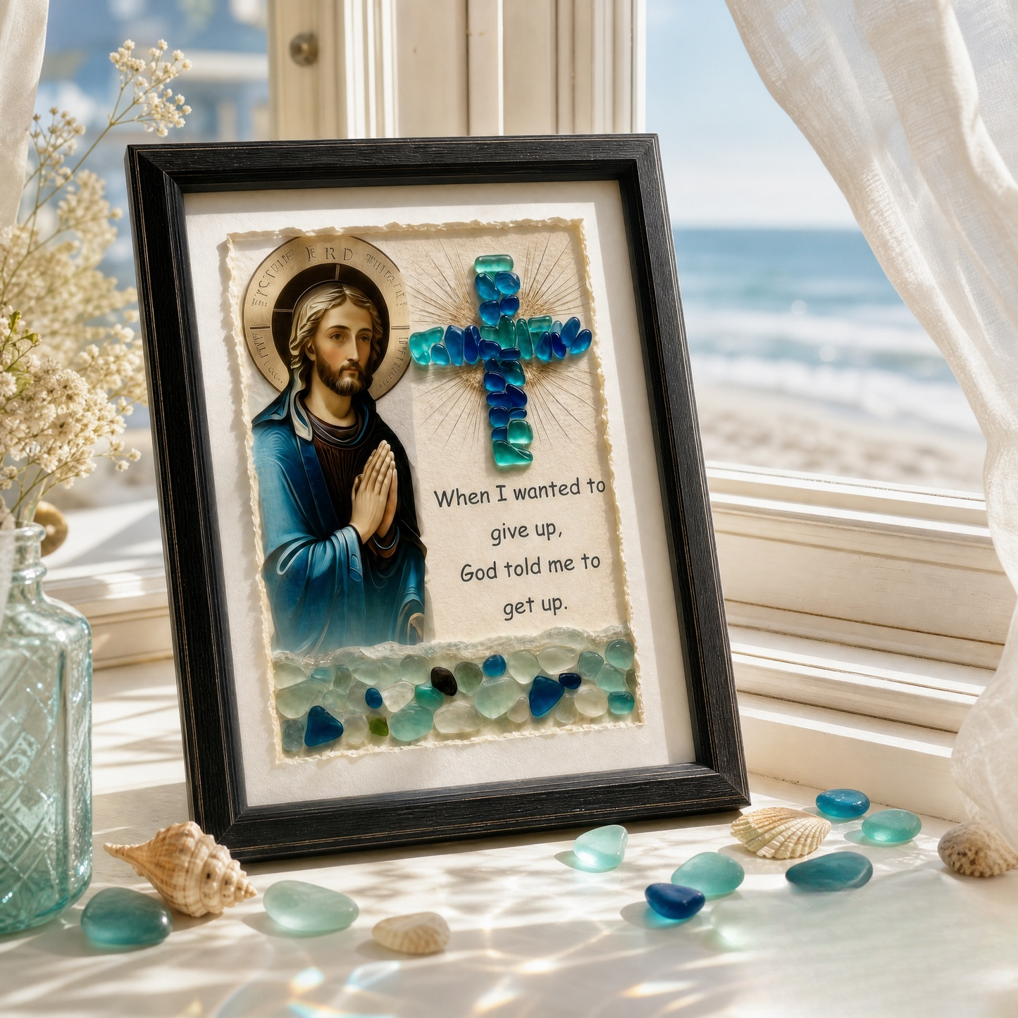 ✝️"God is with you Always" Handmade Sea Glass Jesus Cross Wall Art
