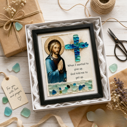 ✝️"God is with you Always" Handmade Sea Glass Jesus Cross Wall Art