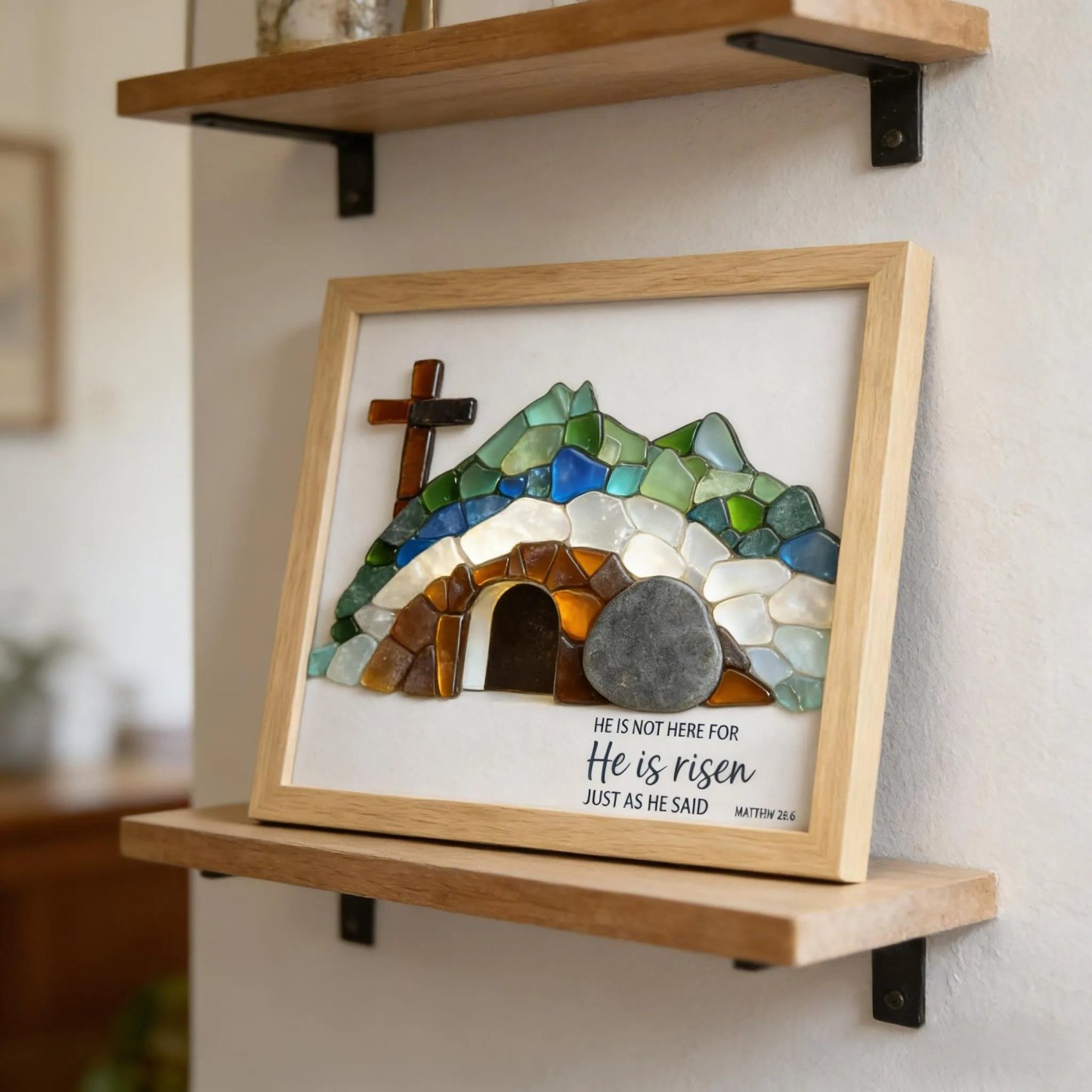 ✝️🌊 Sea Glass Empty Tomb Resurrection Wall Art – He Is Risen! ✨Shaped by Nature & Crafted by Hand!