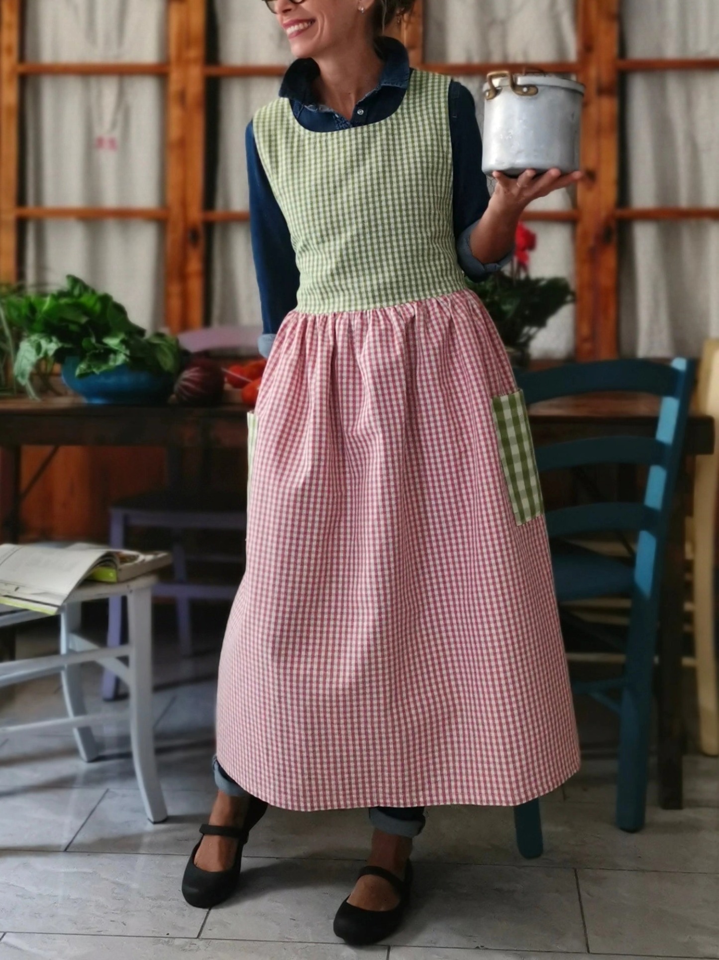 Pink and Green Checked Patchwork Cotton Apron