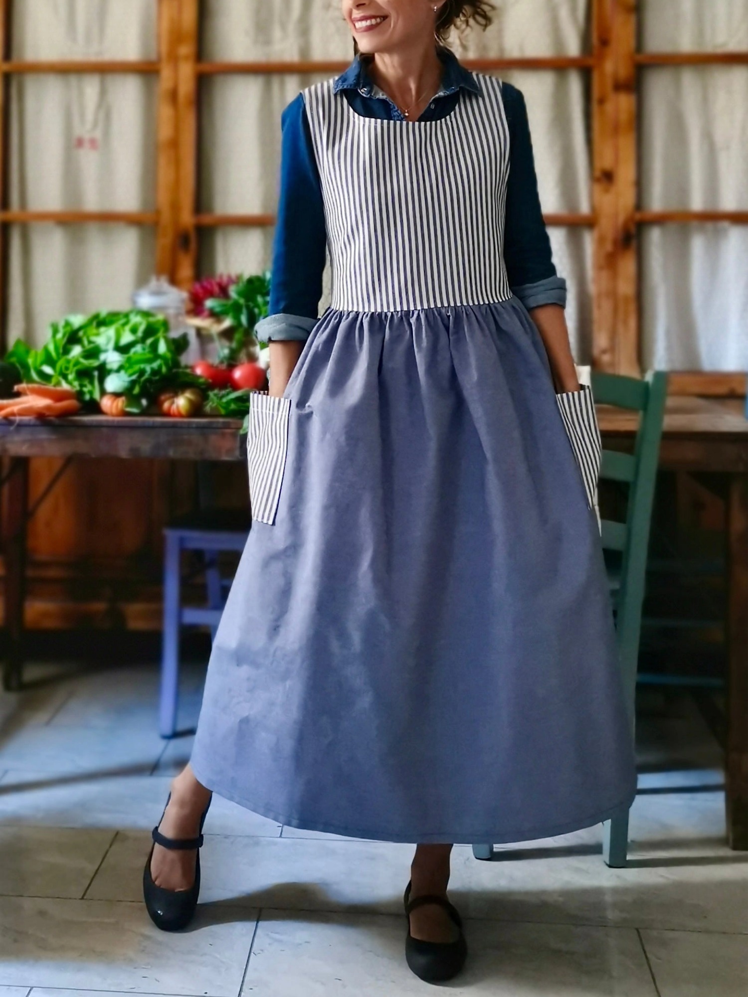 Blue/Striped Cotton Patchwork Apron