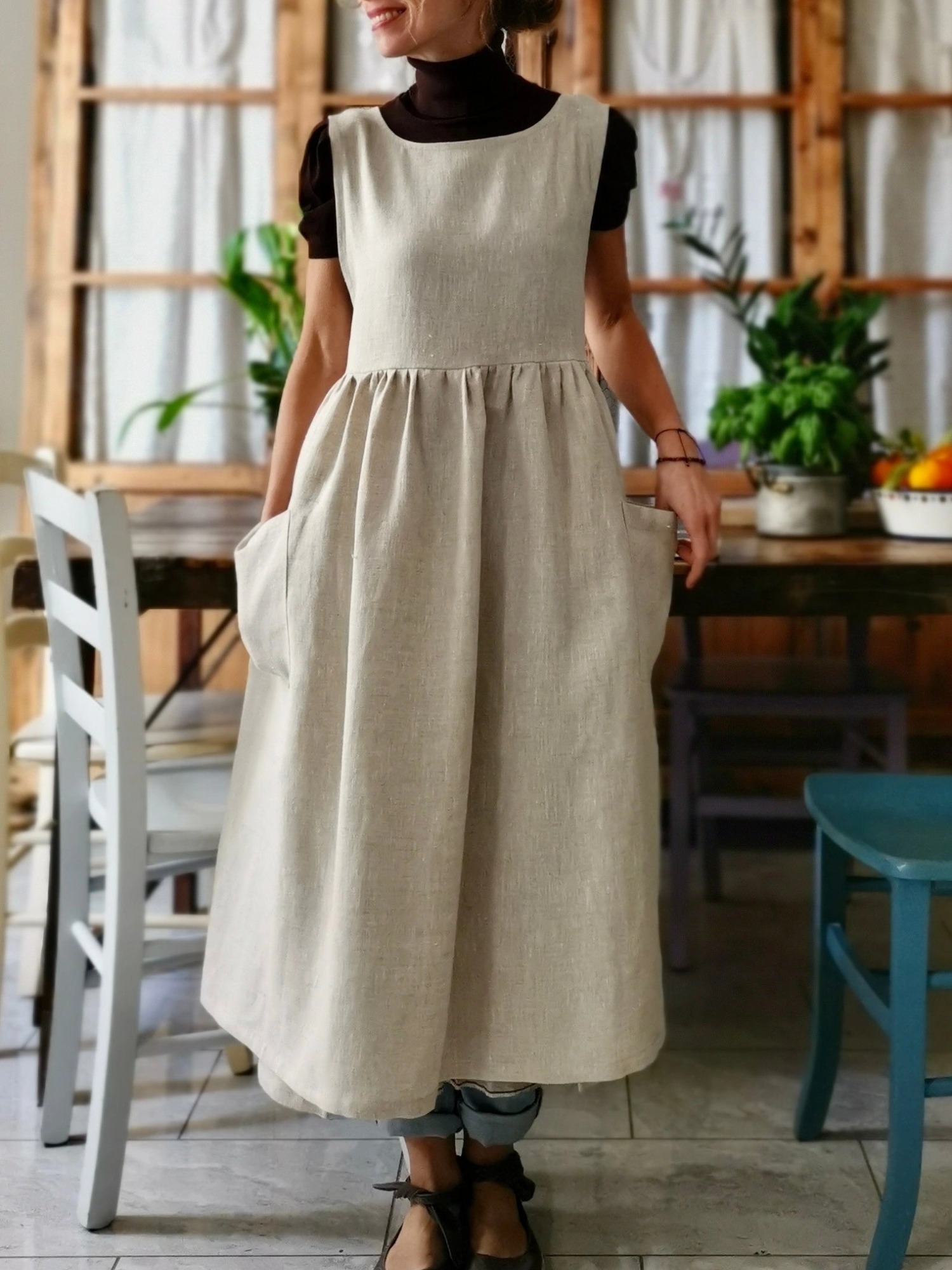 Beige Cotton Dress Apron