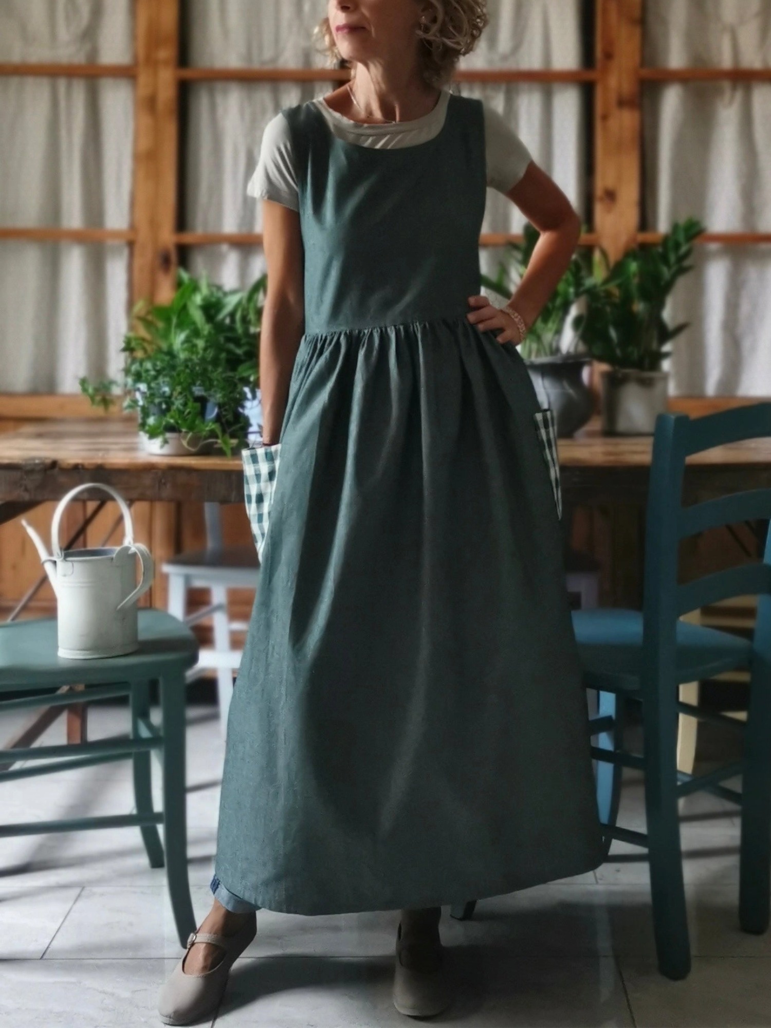 Dark Green and Checked Cotton Apron