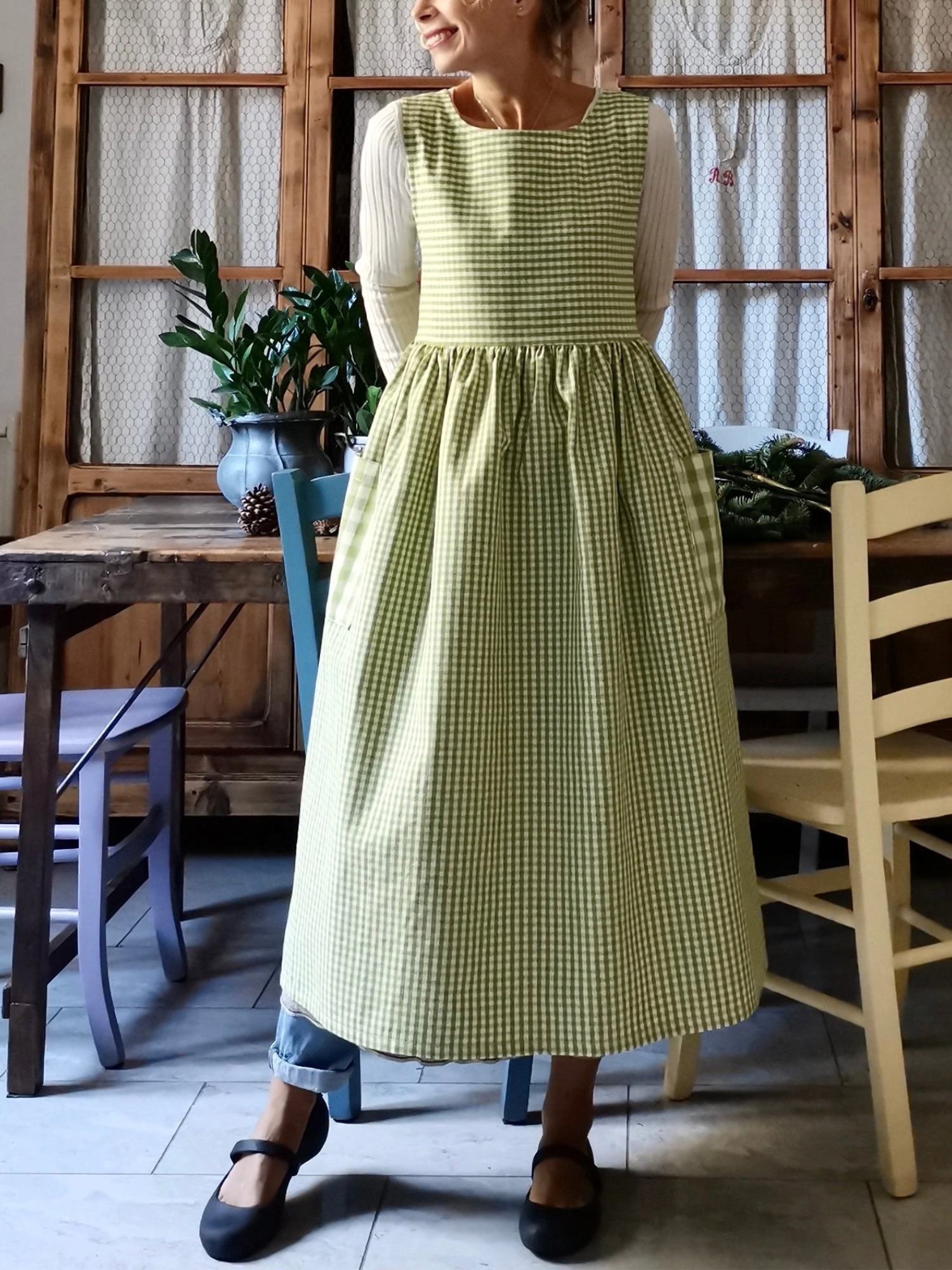 Green Checked Cotton Apron