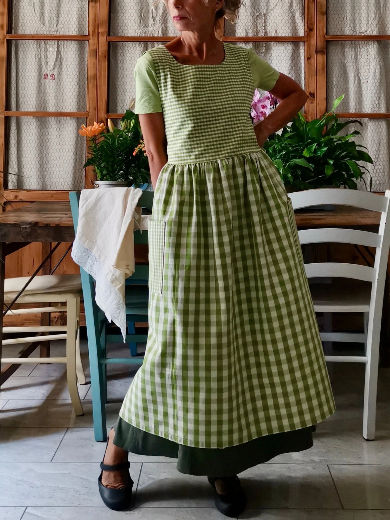 Green Patchwork Checkered Cotton Apron