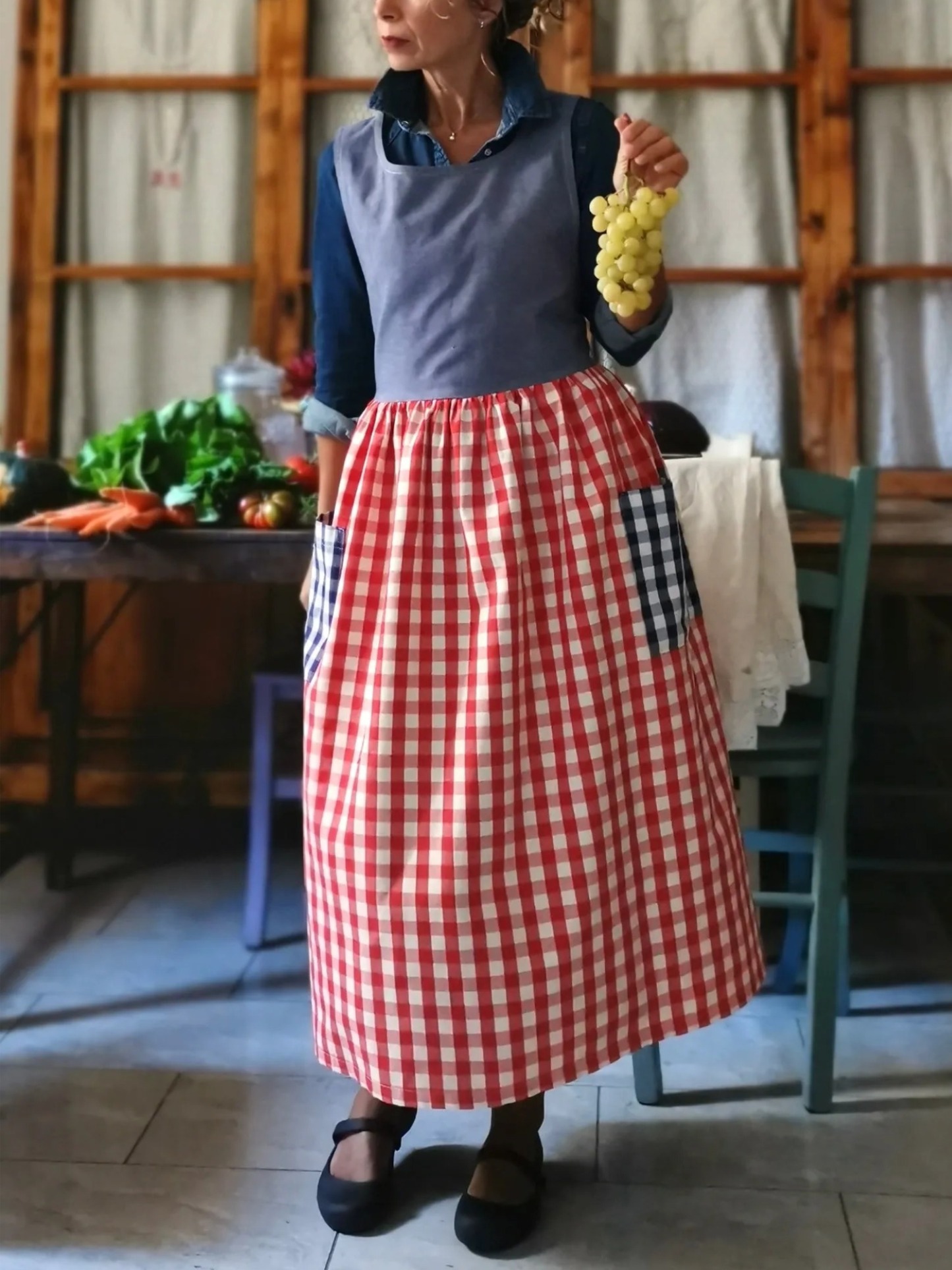 Blue and Red Striped and Checked Patchwork Apron