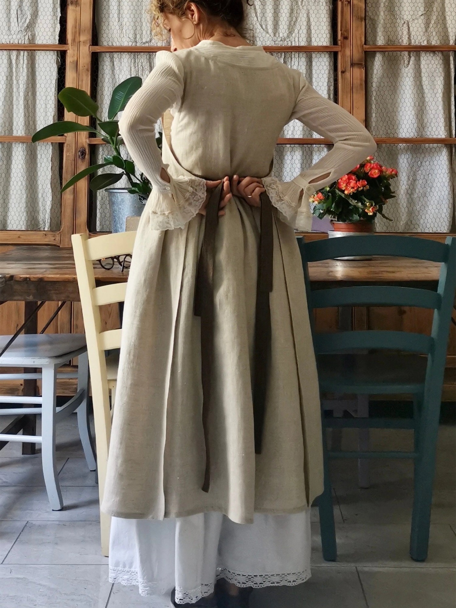 Beige Cotton Apron with Brown Ties