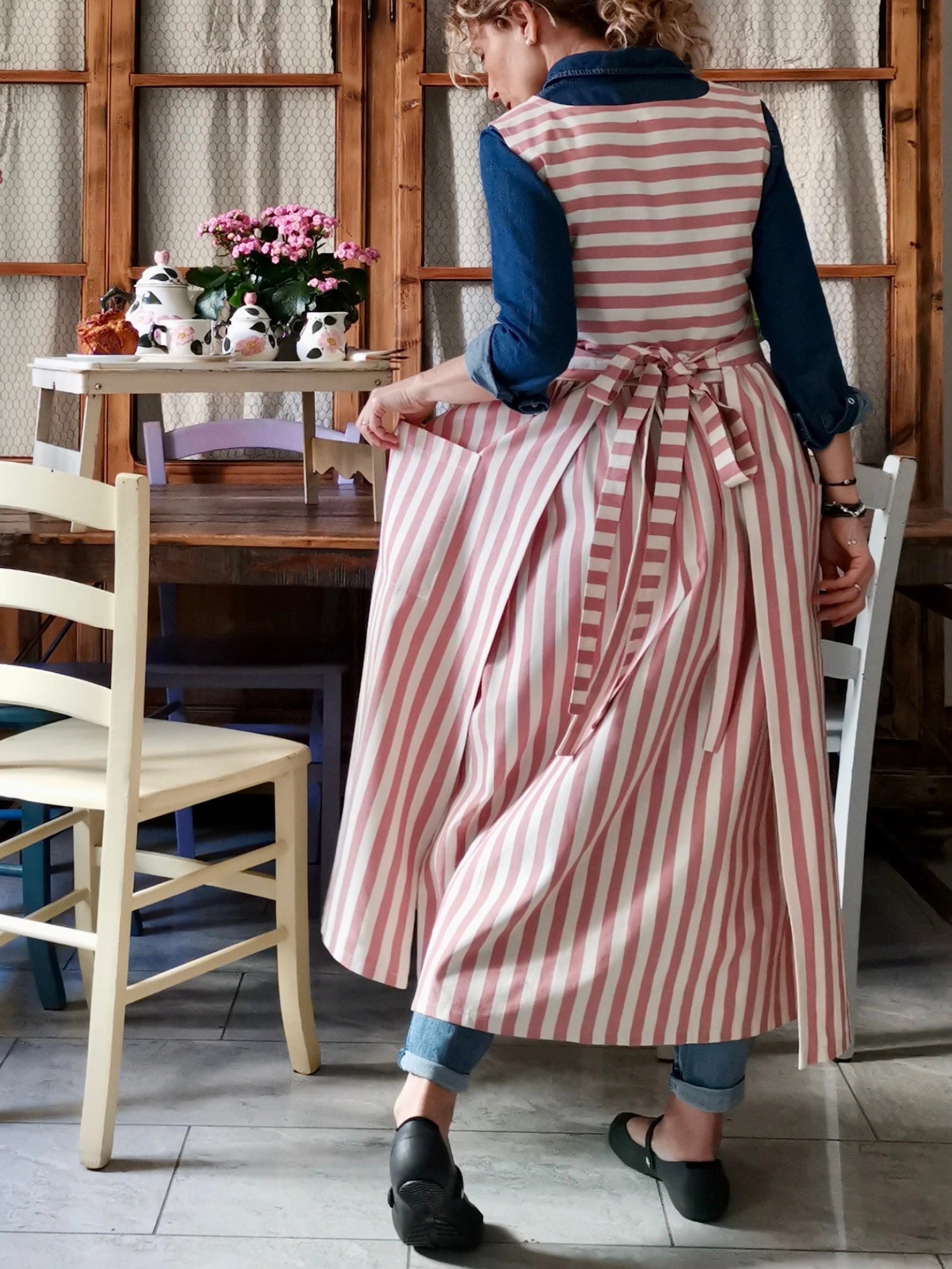 Antique Pink Striped Cotton Apron